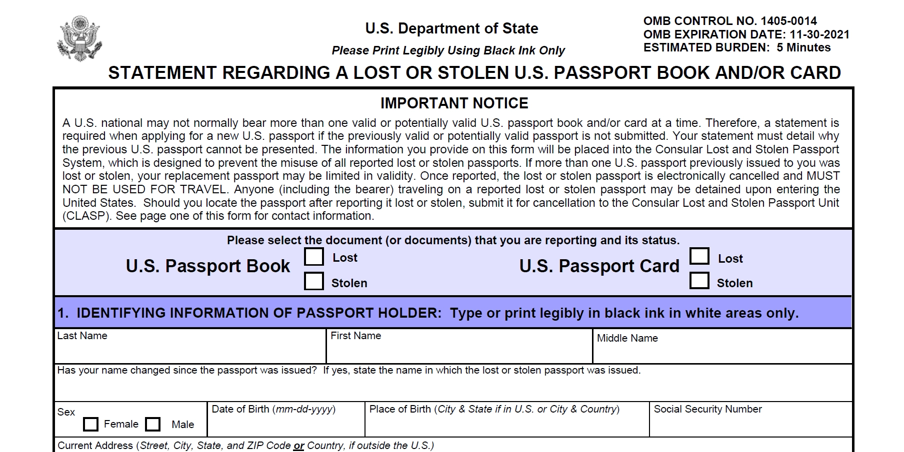 Passport Form Ds-64 Printable