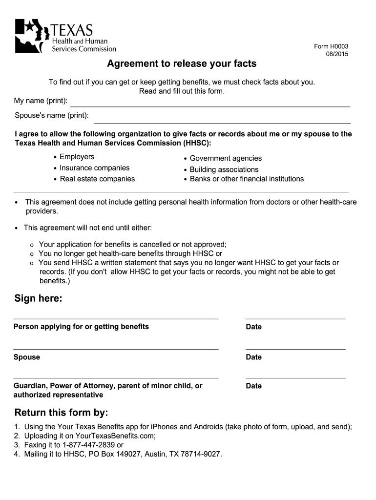 Form H1003 Printable Texas Benefits