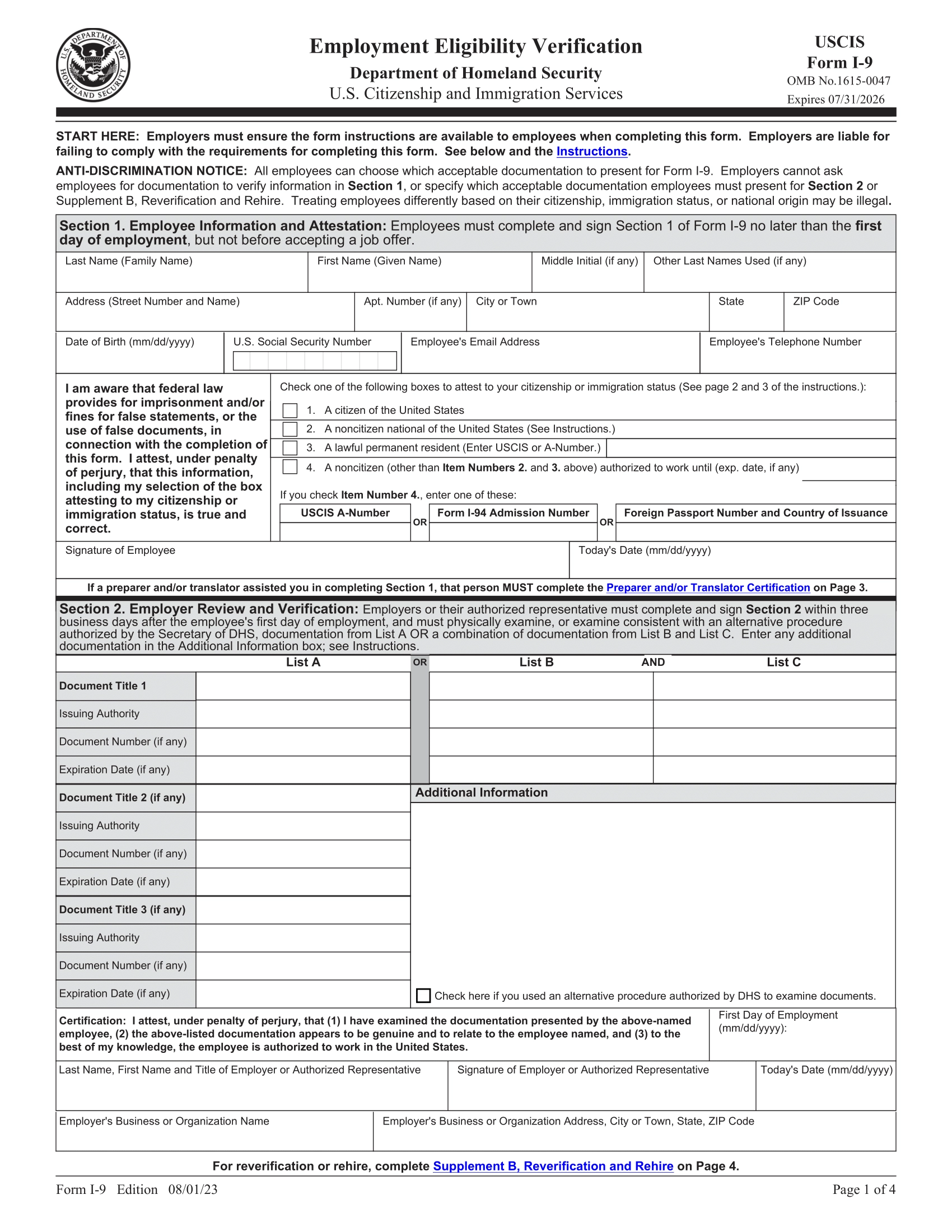 Form I 9 Employment Eligibility Verification Fillable PDF