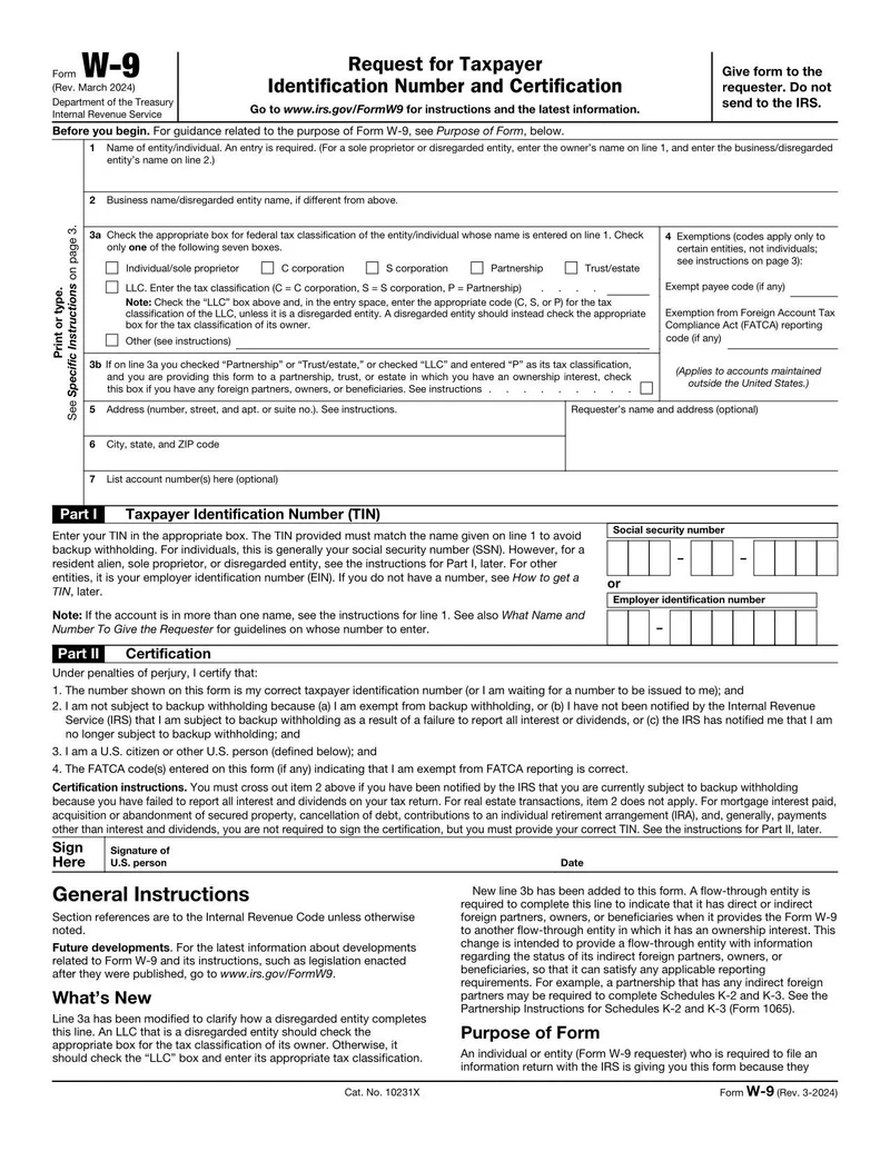 Irs Form W-9 Fillable