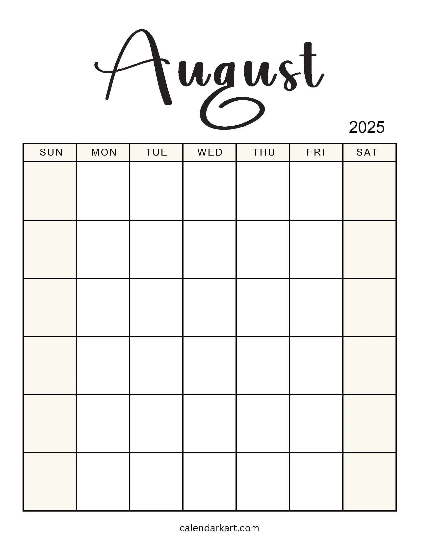 August Blank Printable Calendar