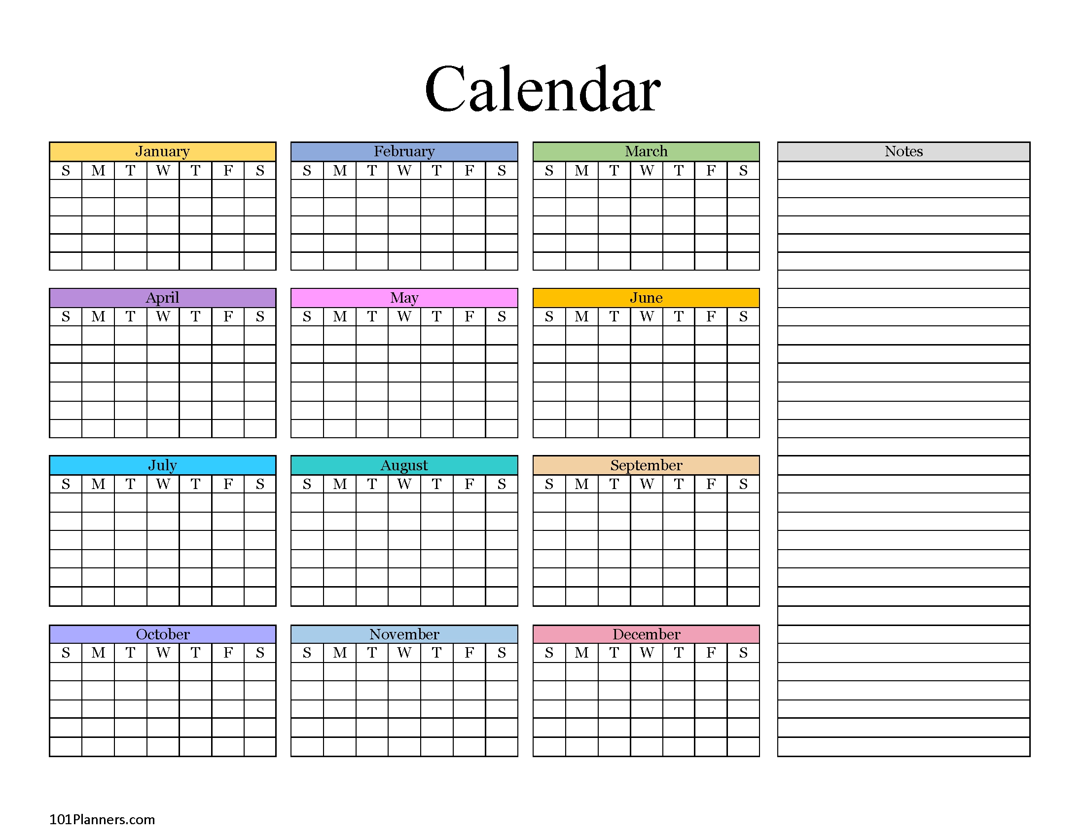 Blank Printable Yearly Calendar