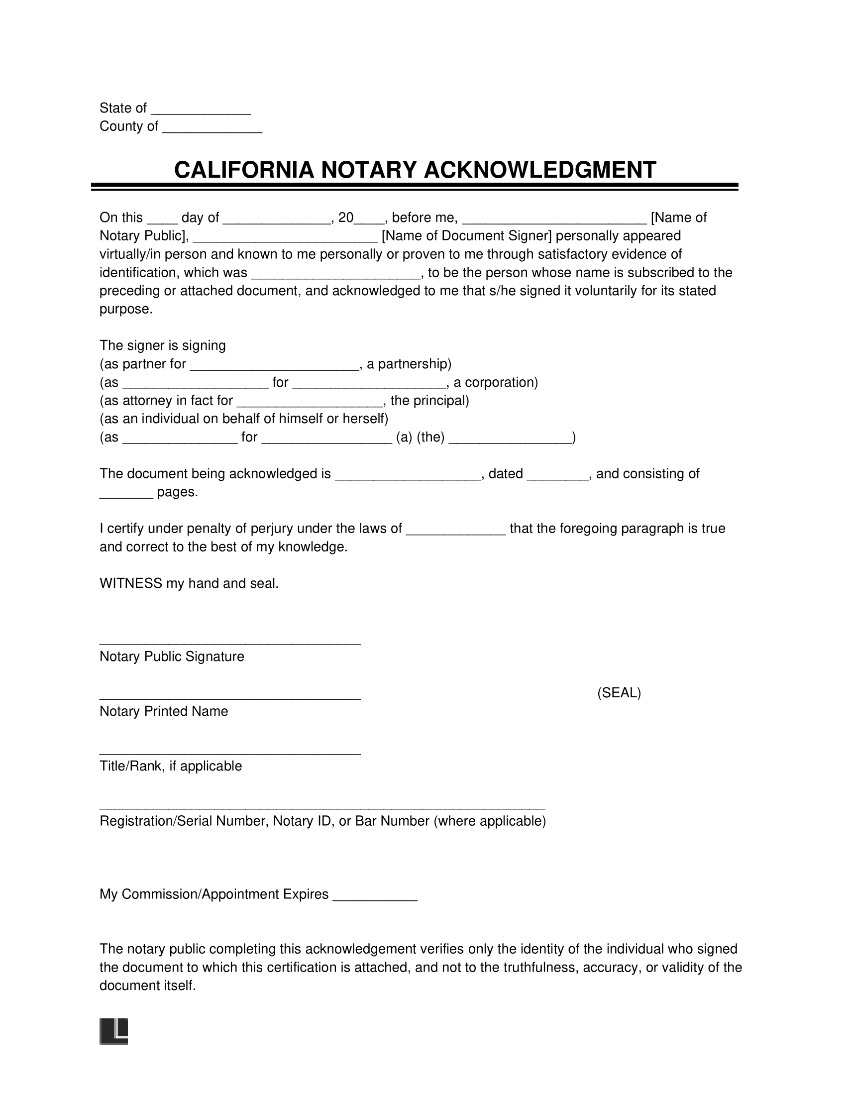 Free California Notary Acknowledgment Form PDF amp Word
