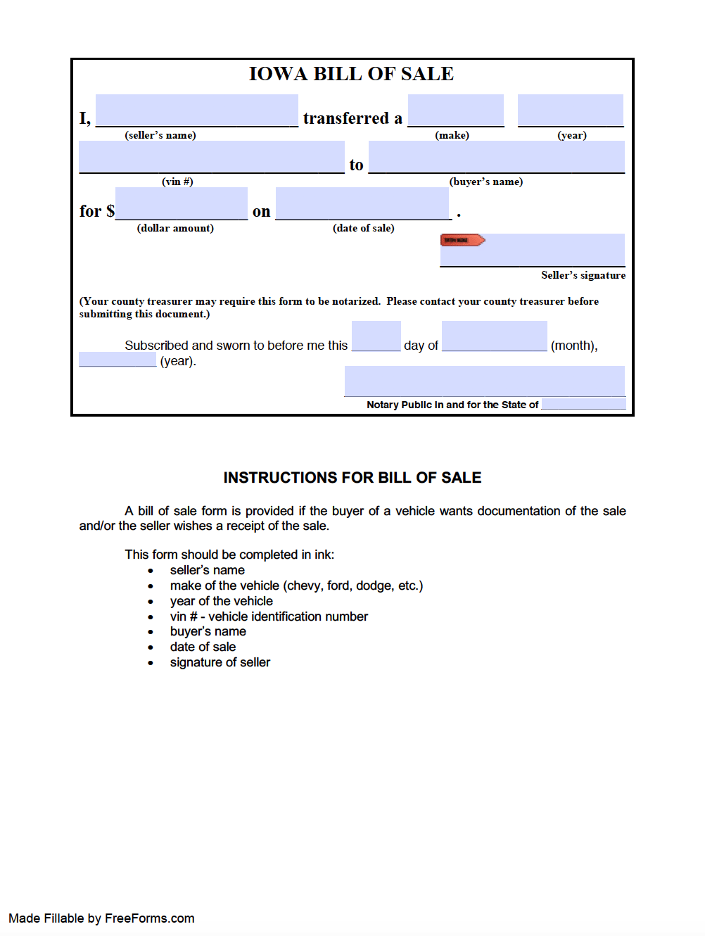 Bill Of Sale Form Printable Iowa