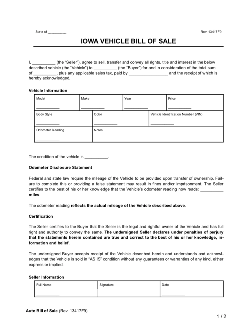 Free Iowa Vehicle Bill Of Sale Form PDF amp Word