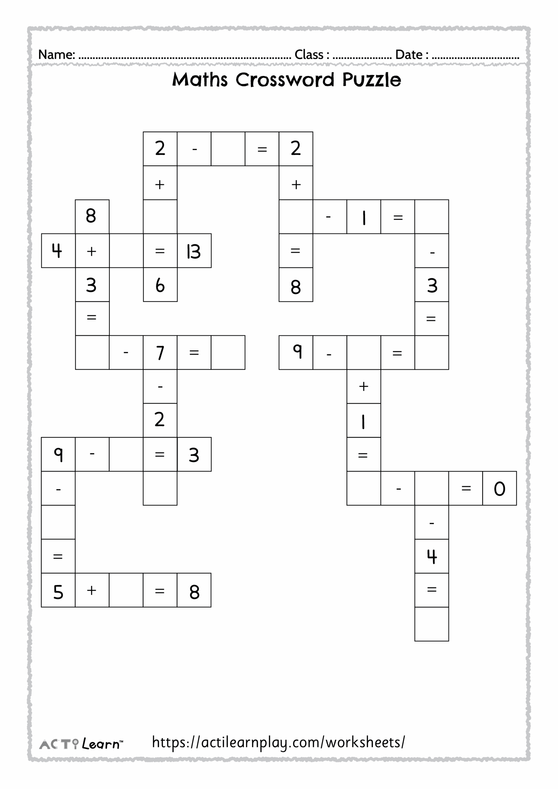 Maths Crossword Puzzle Printable