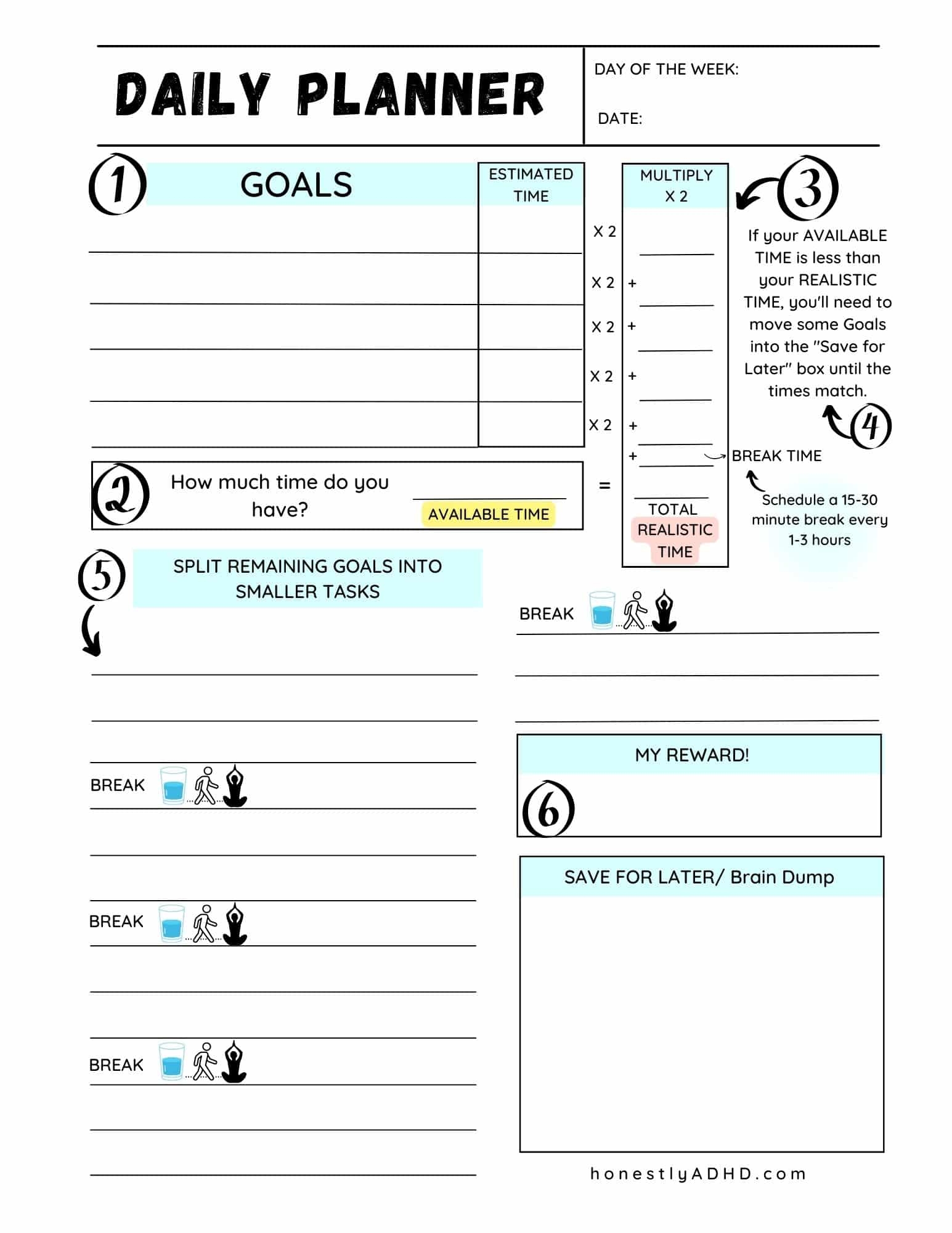 Free Printable ADHD Daily Planner Achieve Realistic Goals 