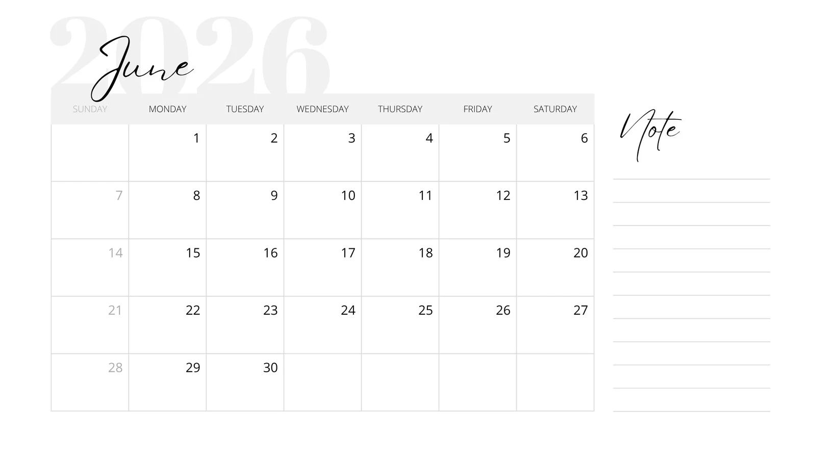 Blank Calendar For June 2026 Template