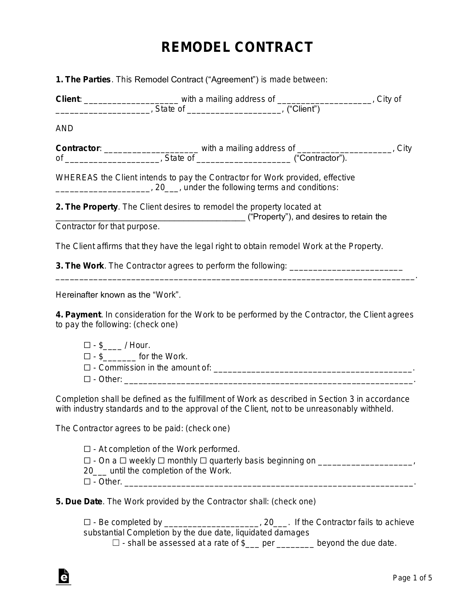 Printable Home Improvement Free Remodeling Contract Template Word