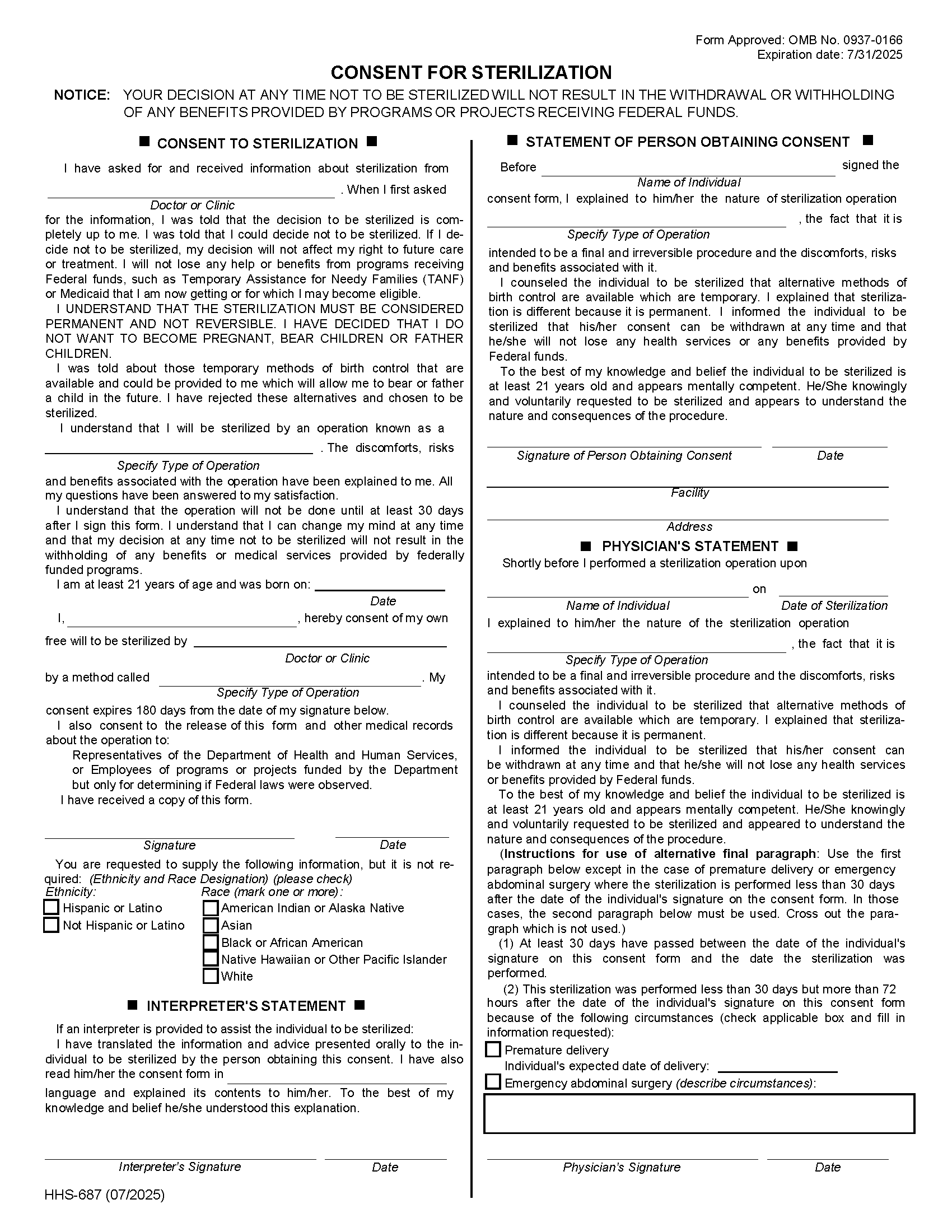 Free Sterilization Consent Form Form HHS 687 PDF