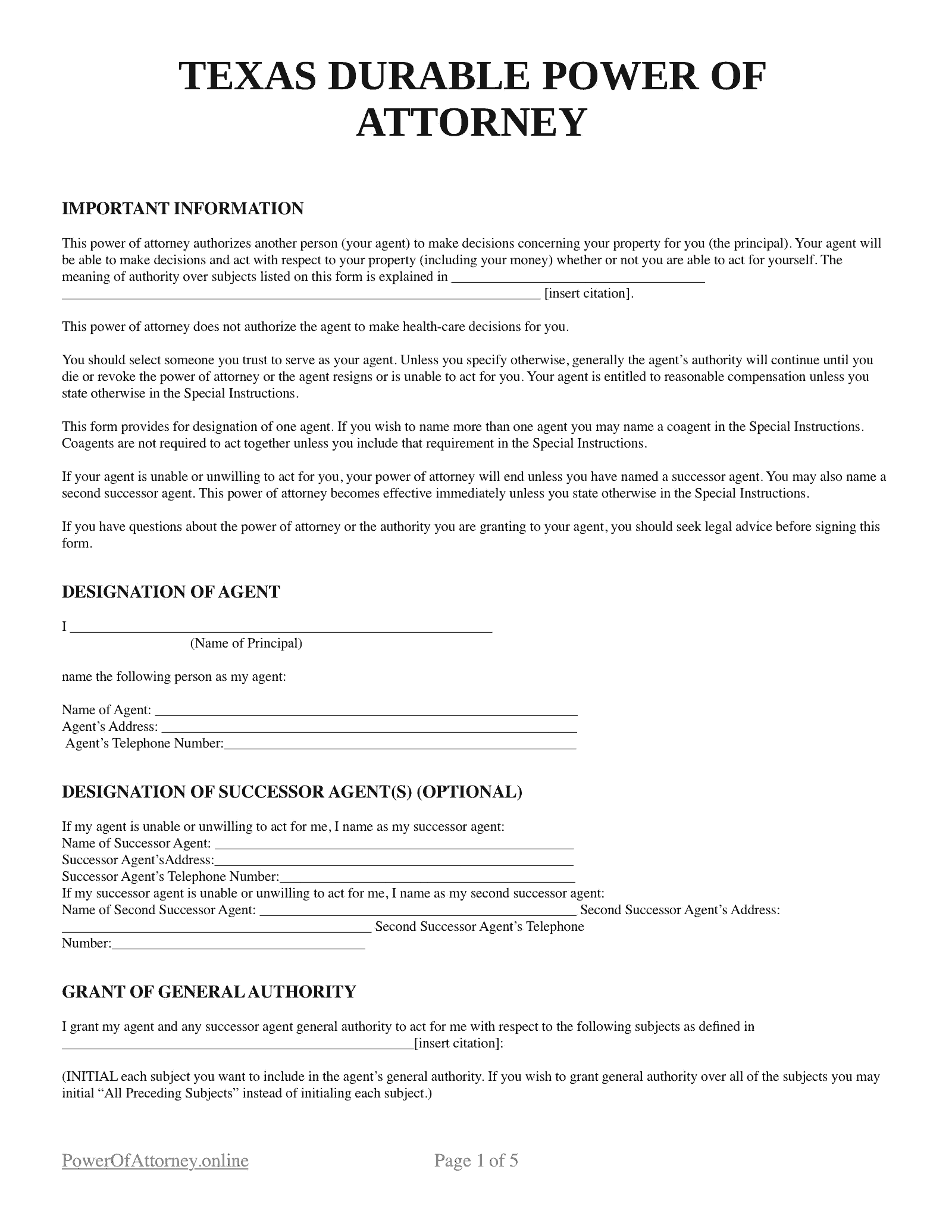Durable Power Of Attorney Forms Printable Tx