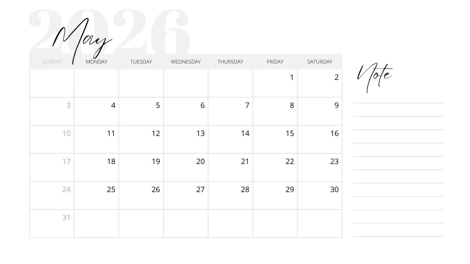 May 2026 Calendar Page