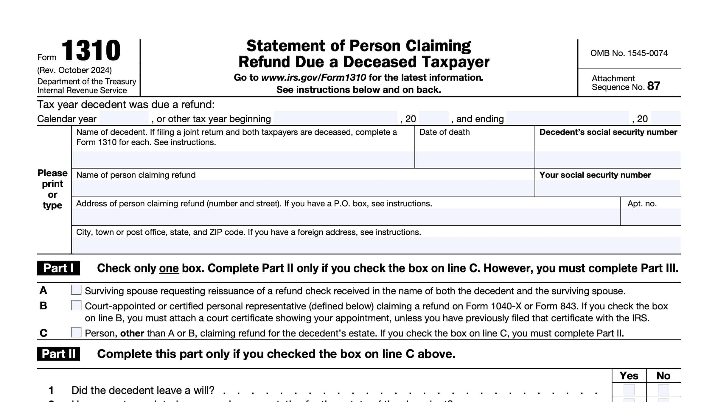 IRS Form 1310 Instructions Tax Refund On A Decedent s Behalf