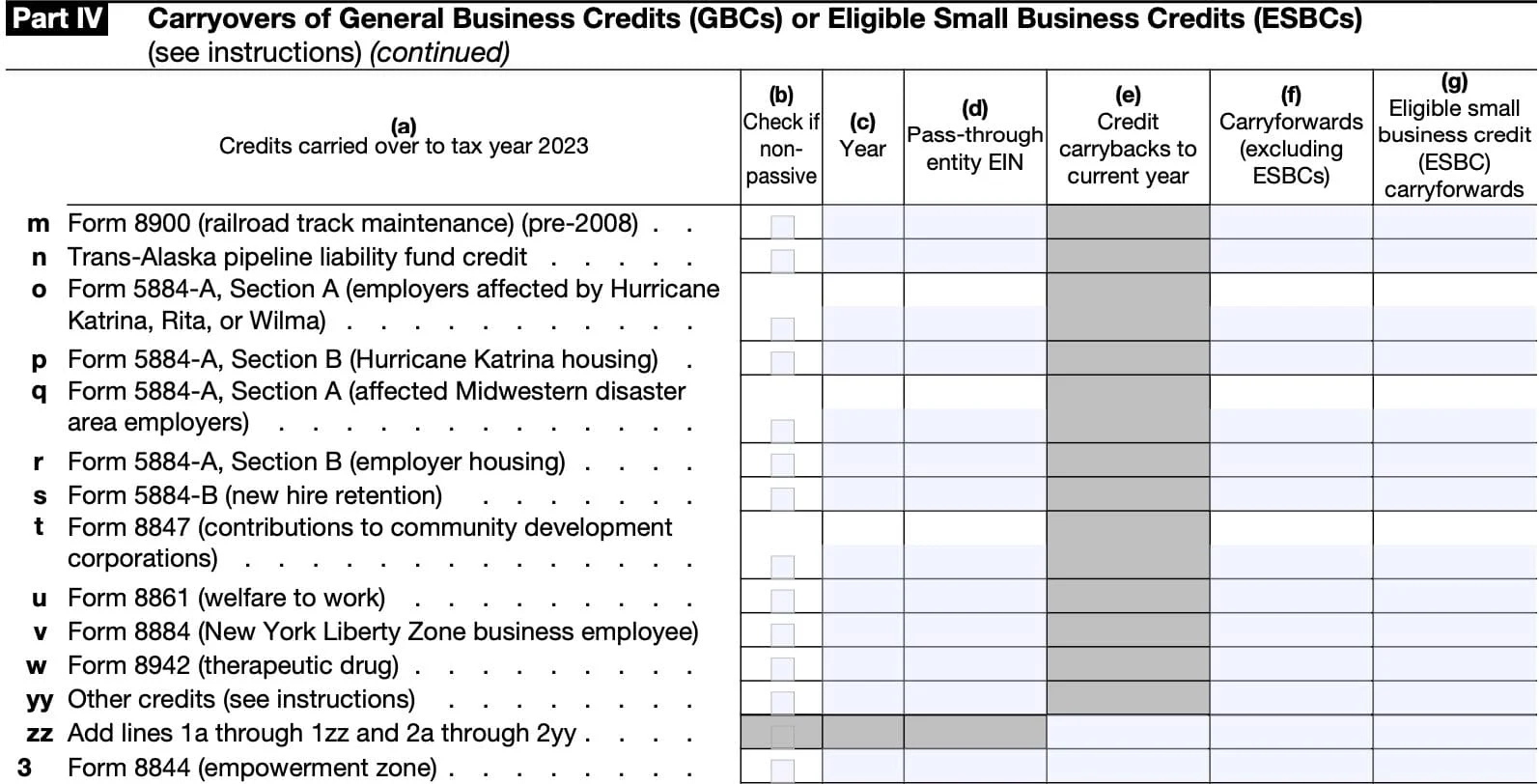 IRS Form 3800 Instructions General Business Credit