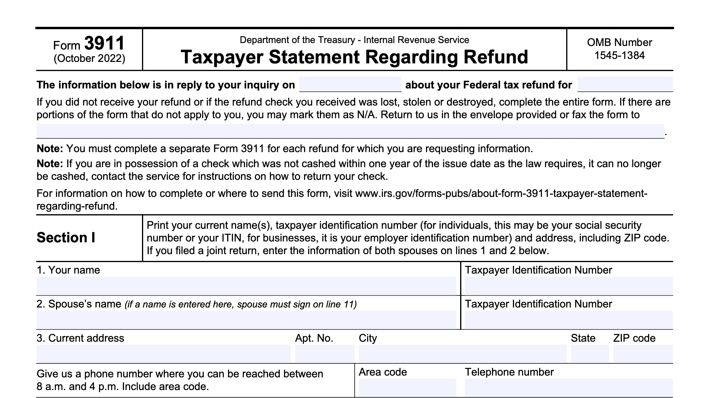 IRS Form 3911 Instructions Replacing A Lost Tax Refund Check