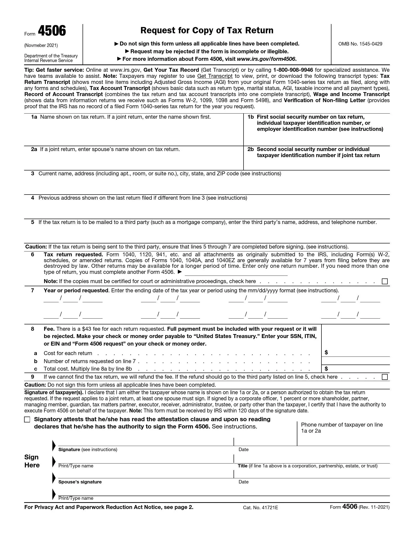 IRS Form 4506 Fill Out Printable PDF Forms Online