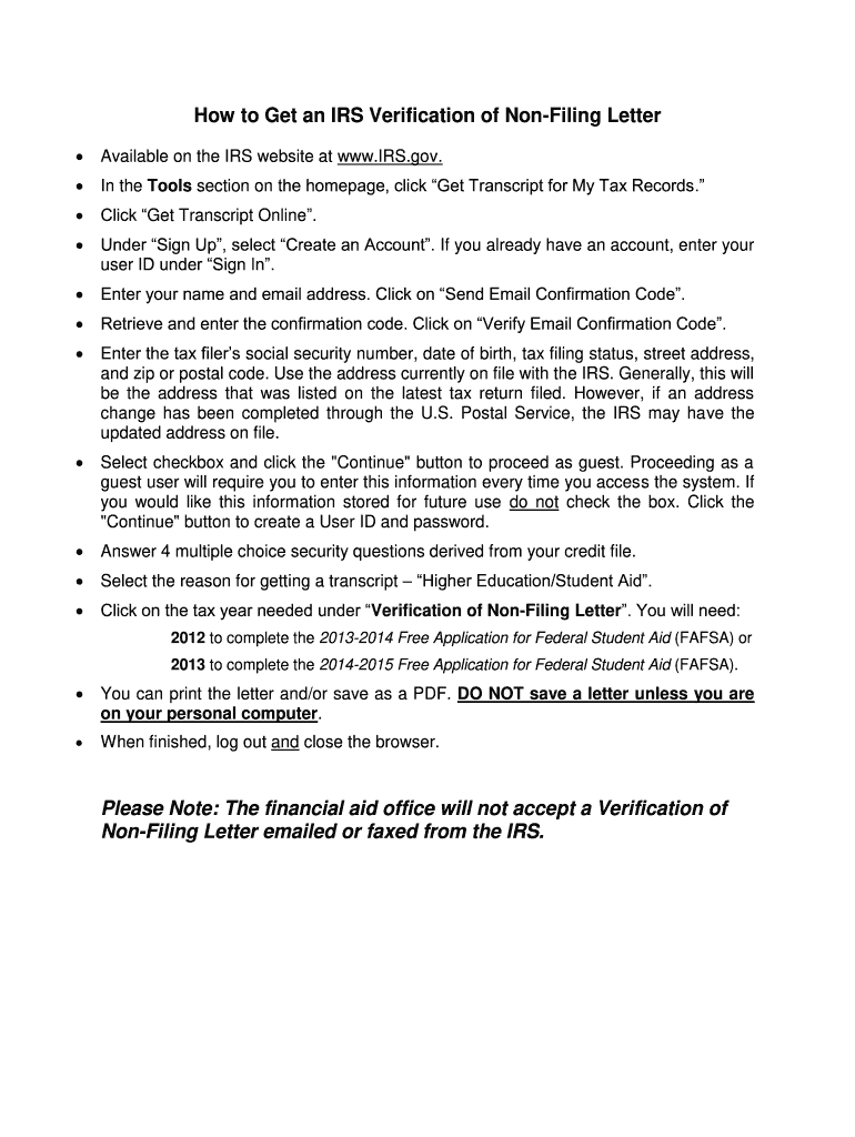 Irs Form Verification Of Non Filing Letter