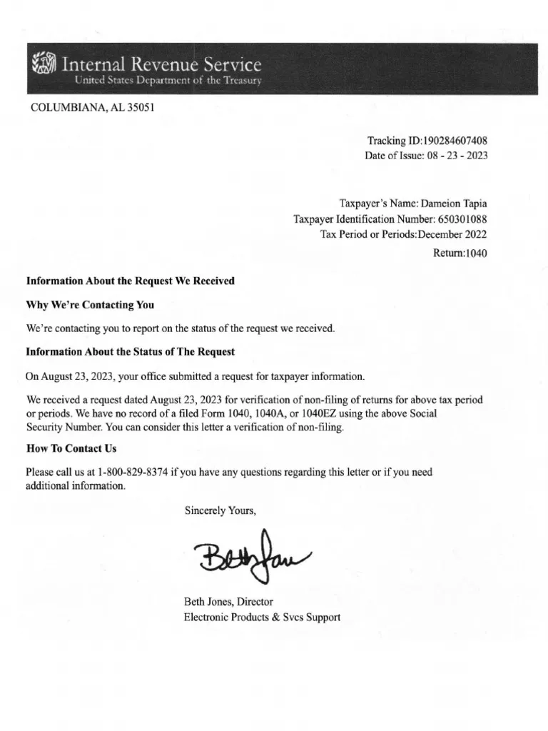IRS Verification Of Non Filing Letter1 PDF