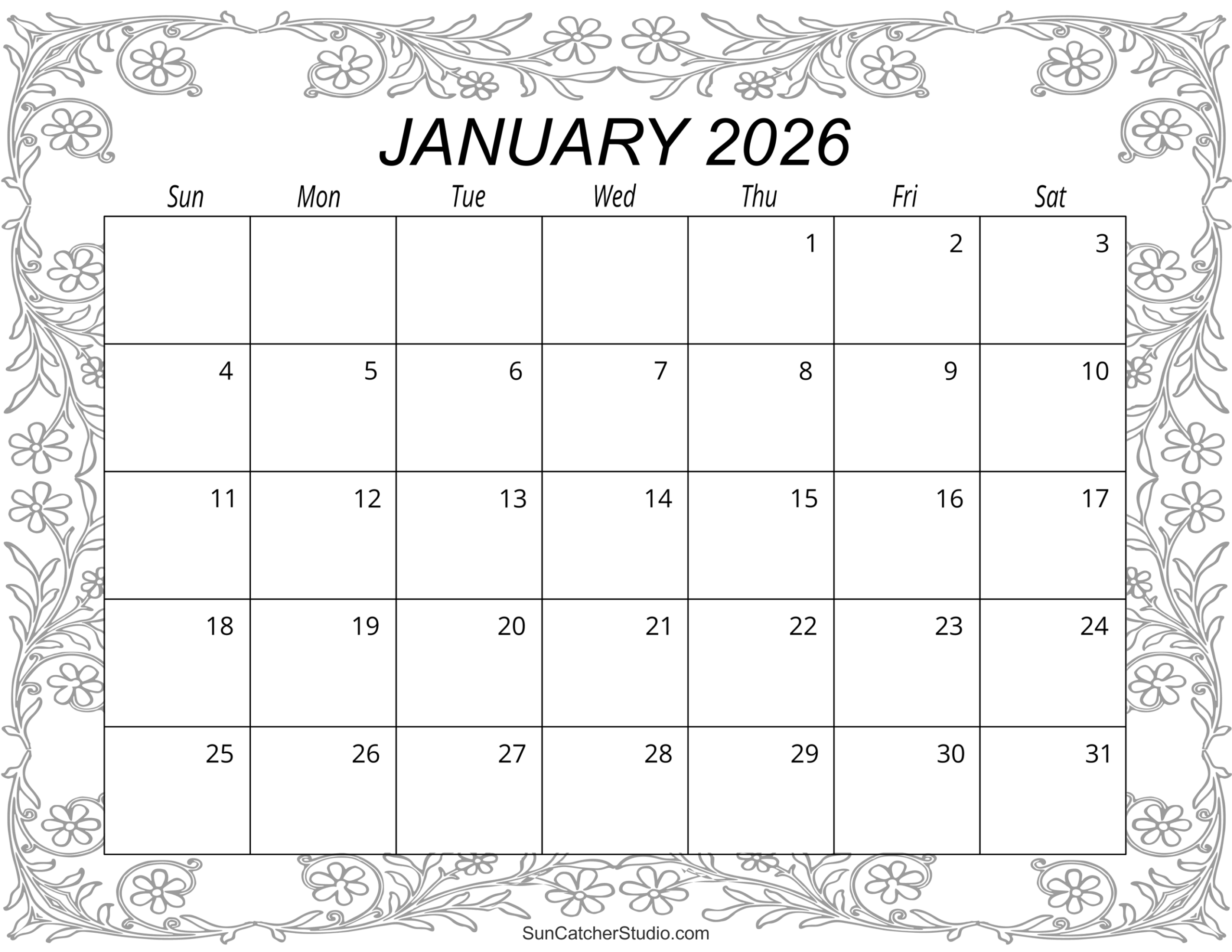 Free Printable Monthly Calendar January 2026