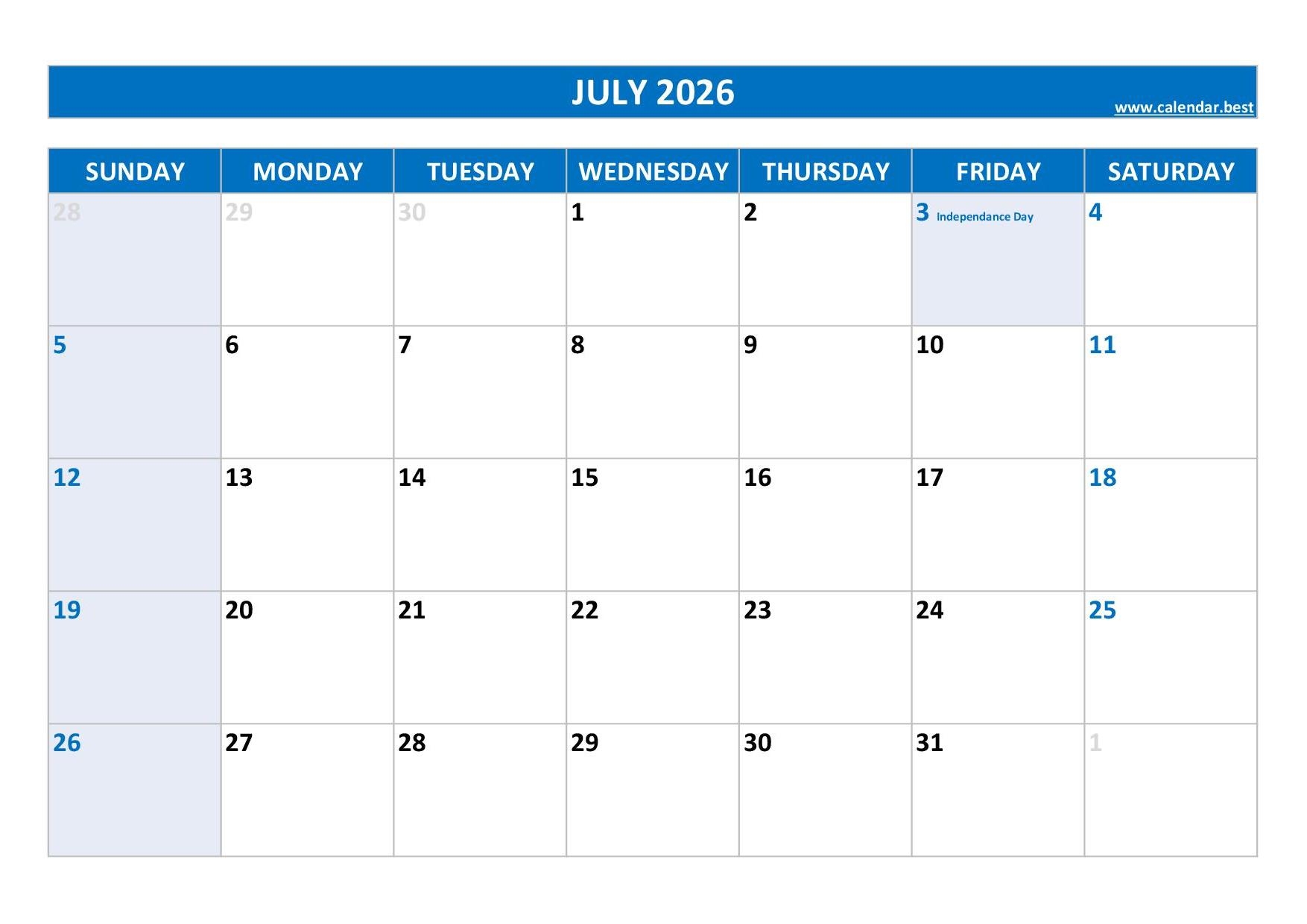 Printable Blank Calendar 2026 July