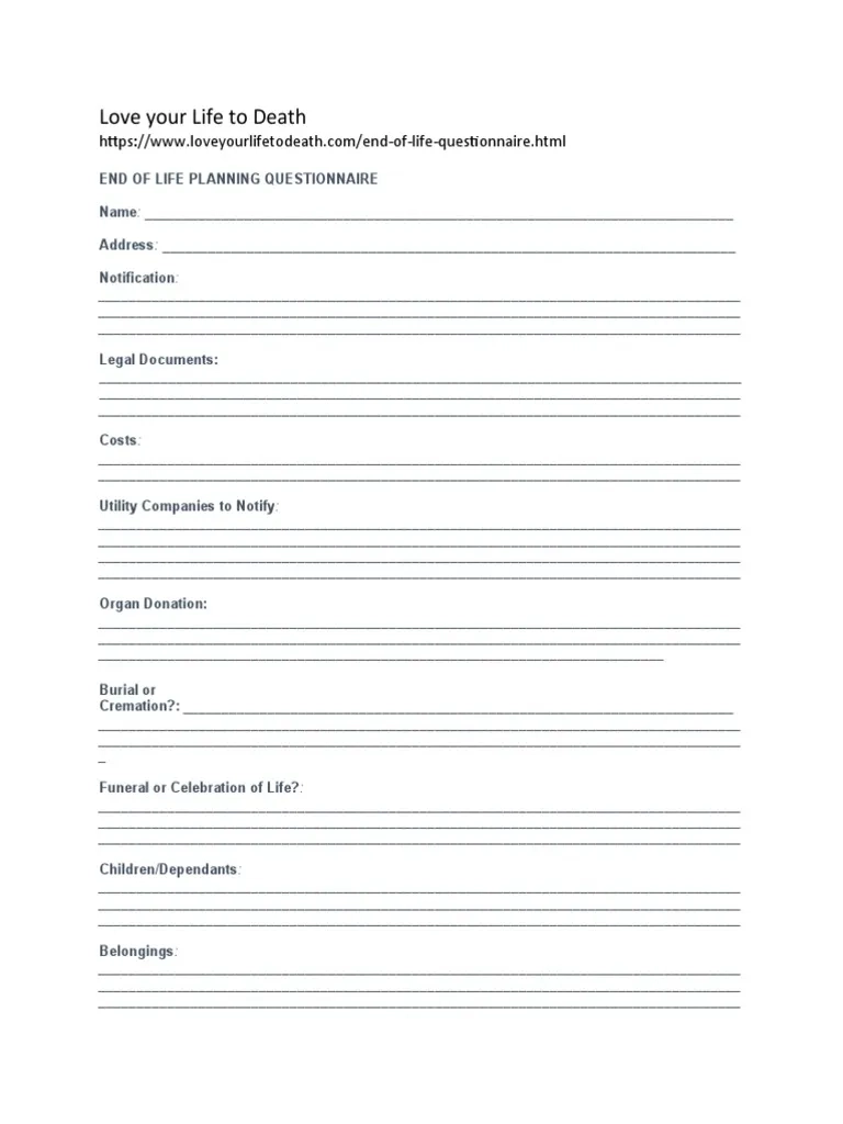 Love Your Life To Death Questionnaire PDF Funeral