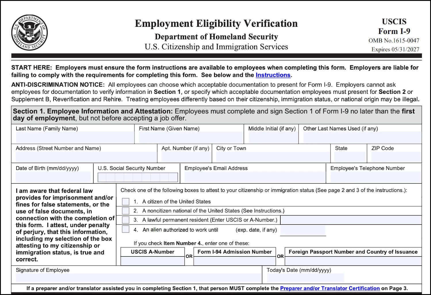 I9 Form 2025 Printable Form