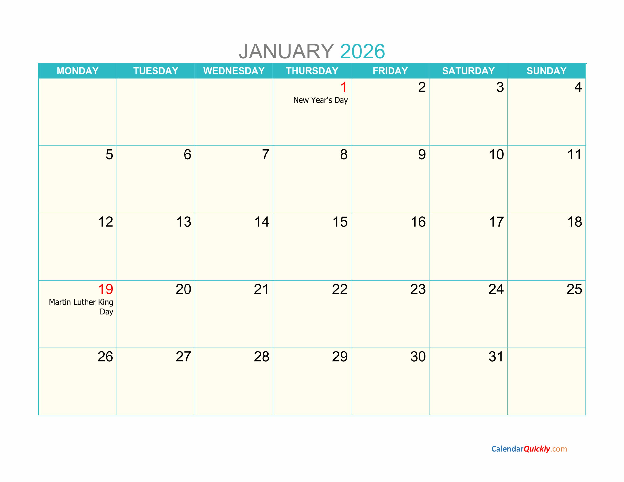 Printable Month Calendar 2026