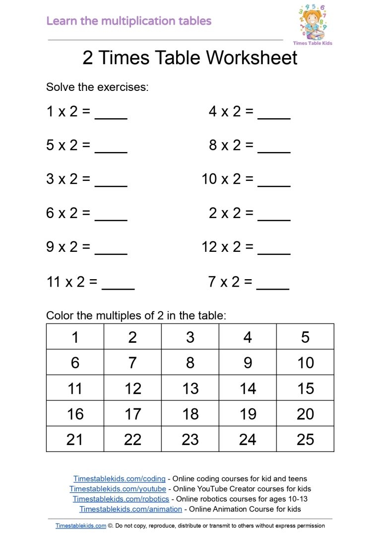 Times Tables Worksheets Printable Free