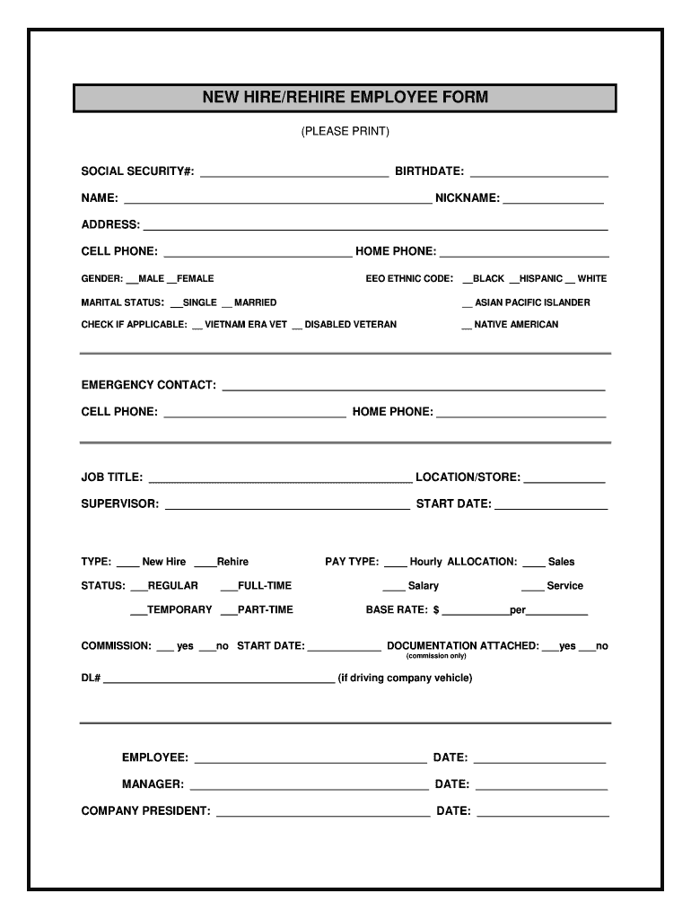 New HireRehire Employee Form Fill Online Printable Fillable 