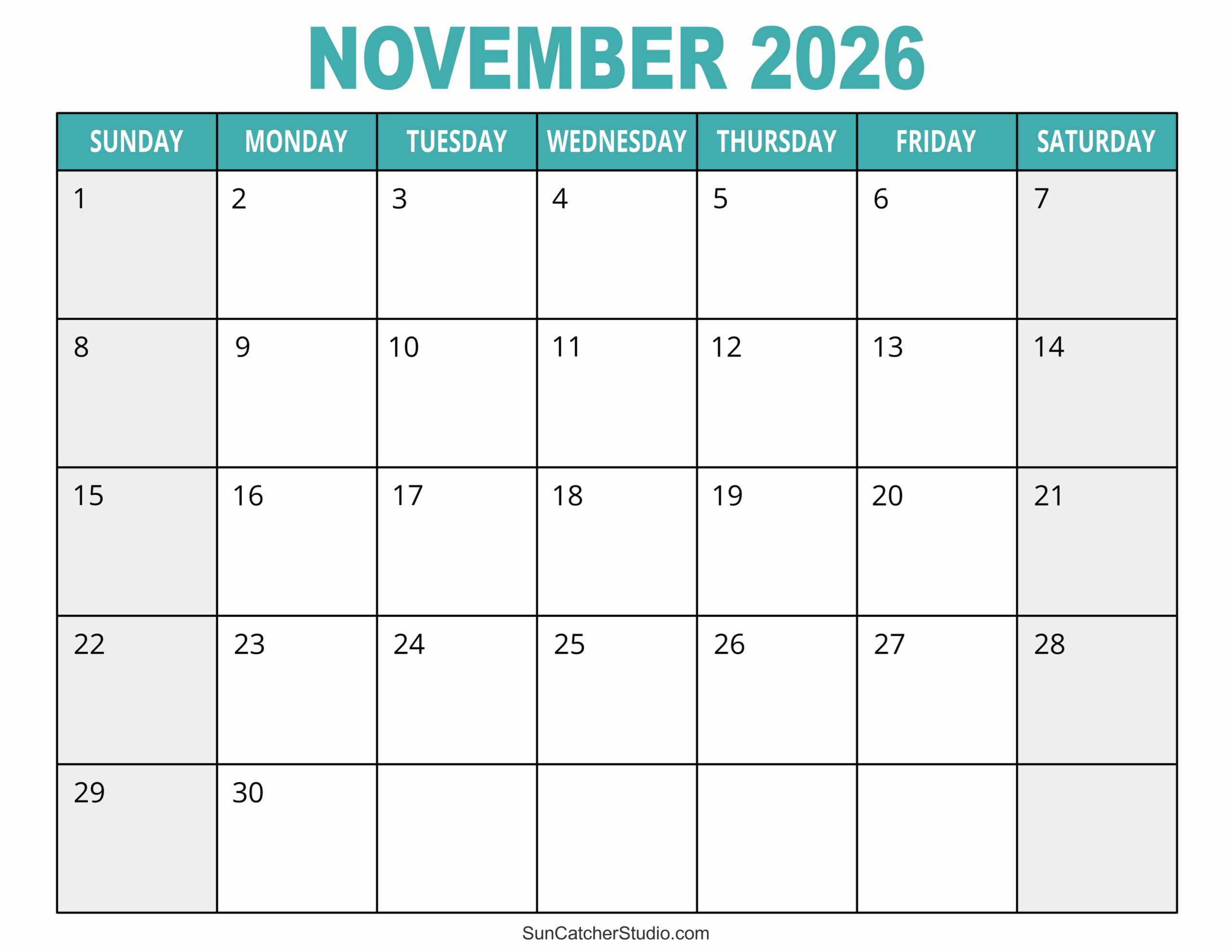 Printable Horizontal November 2026 Calendar