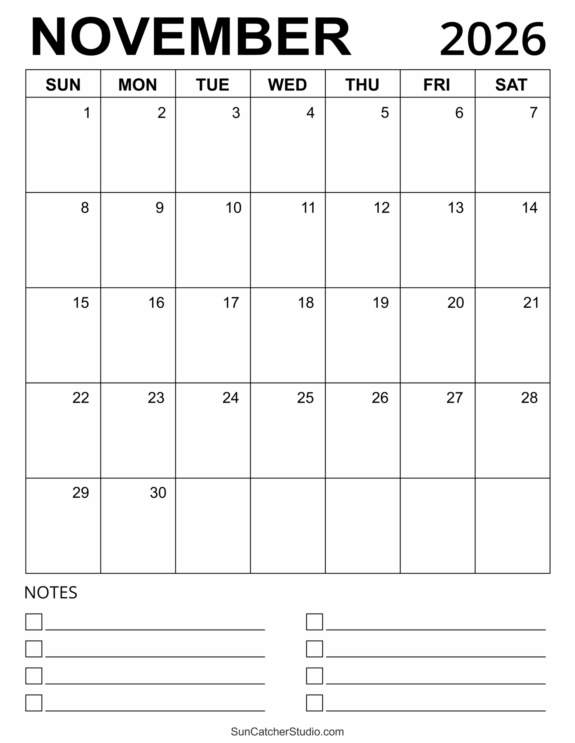 November Calendar 2026 Printable Coloring