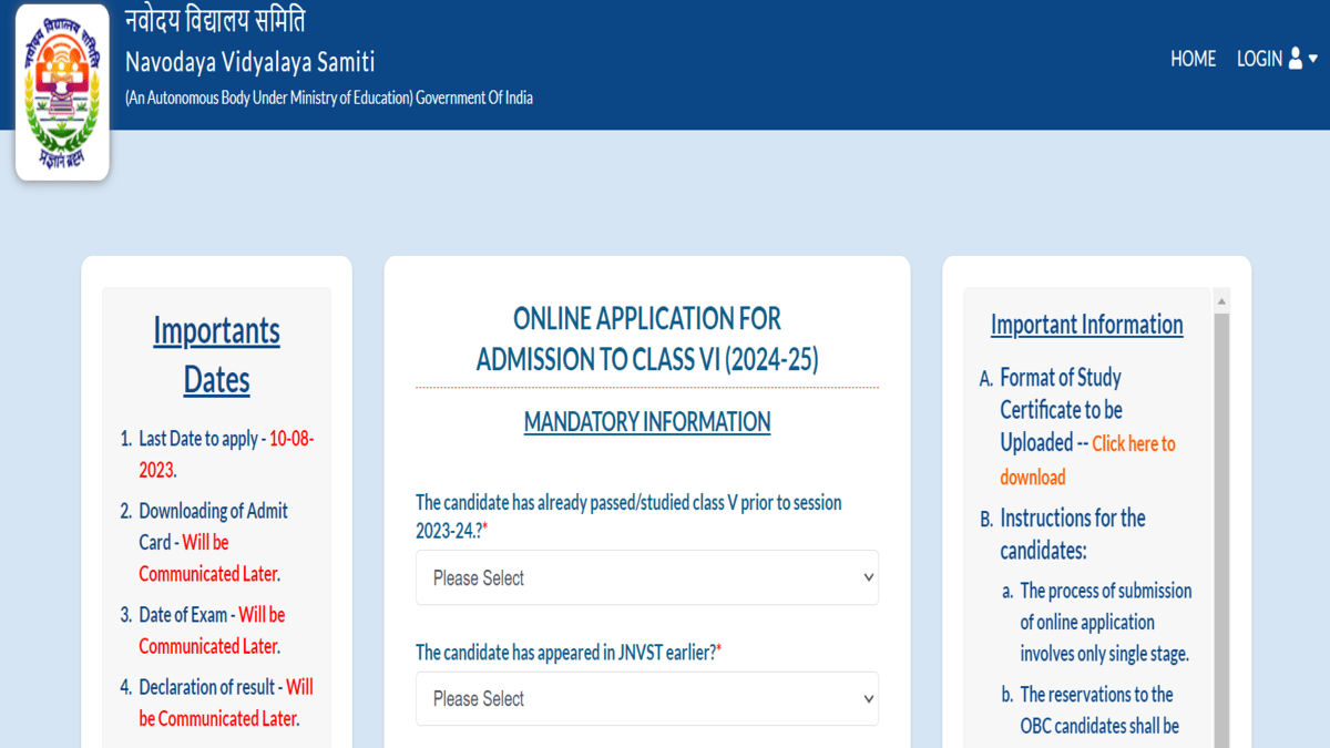Navodaya Online Form Apply Class 6 2024