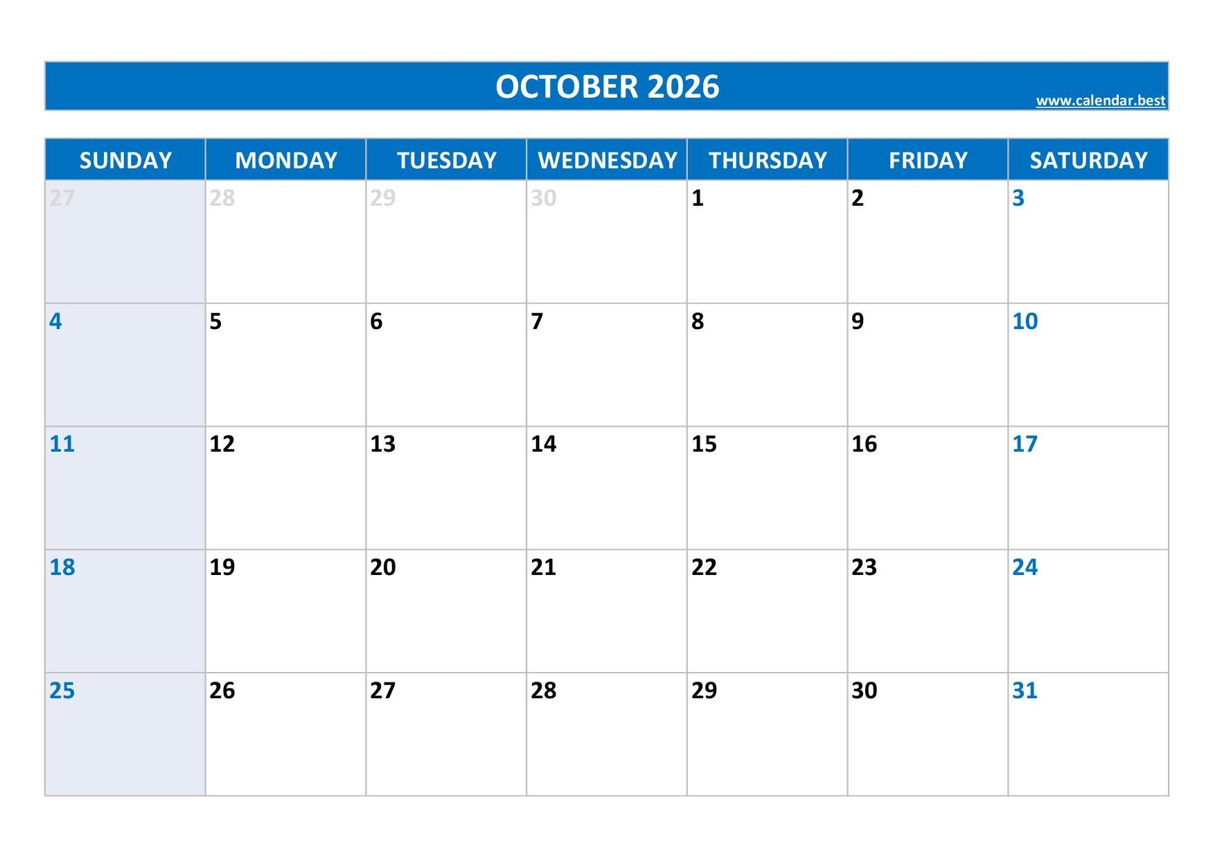 October 2026 Calendar Blank Calendar Pages