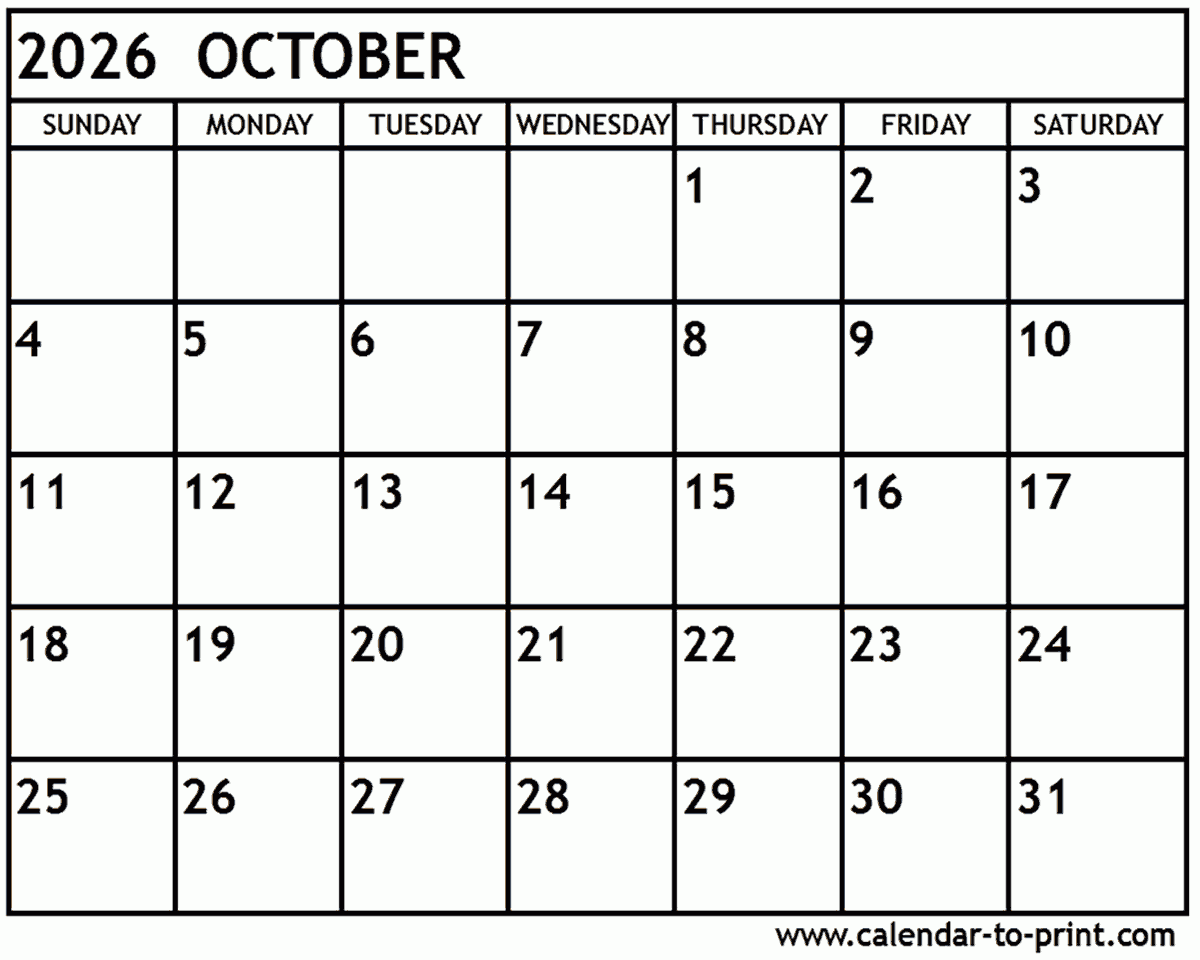 Oct Calendar 2026 Printable Blank