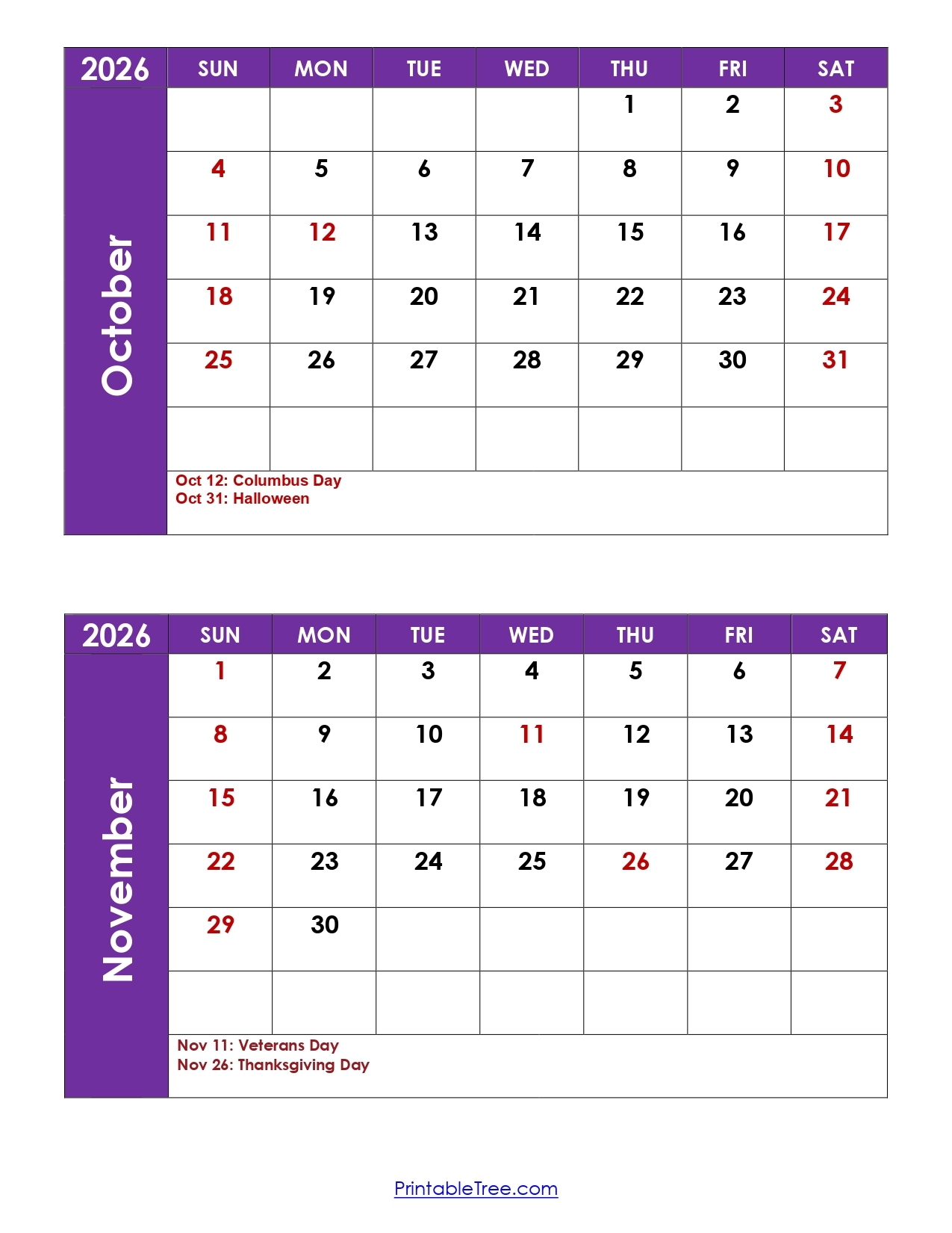 Blank Calendar 2026 October November