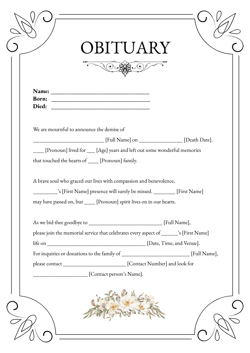 Form For Writing An Obituary