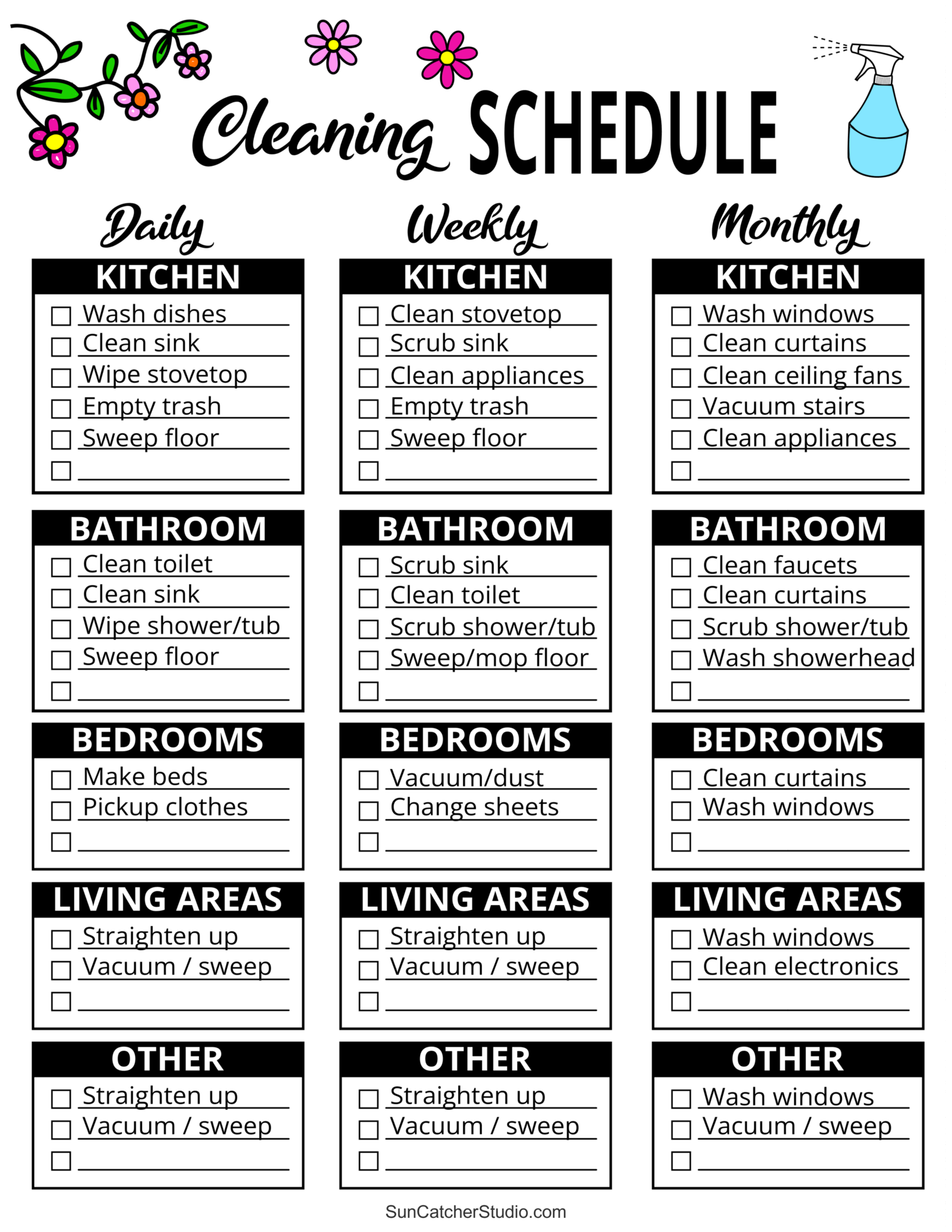 Printable Cleaning Schedule Spring Daily amp Weekly Checklists 