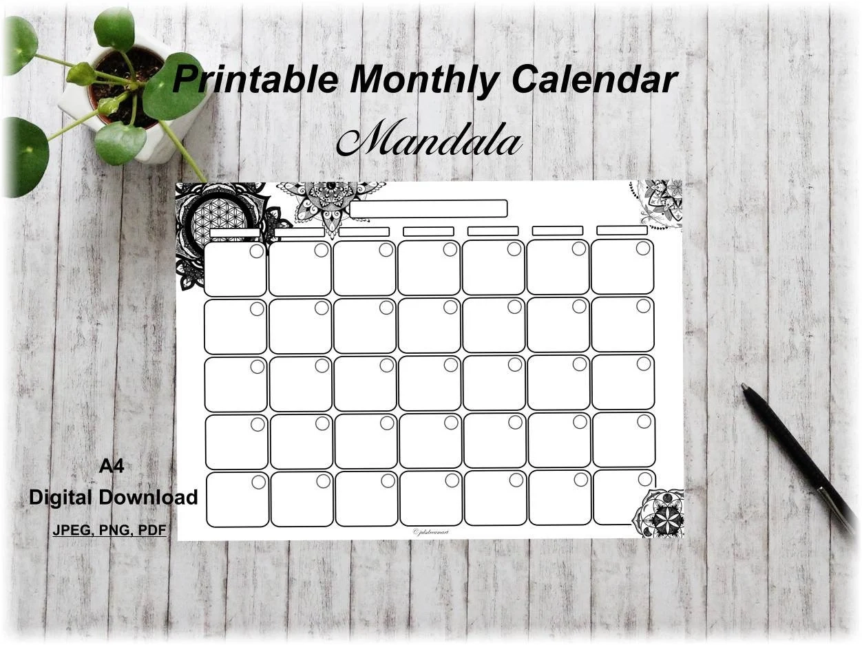 Printable Monthly Calendar Mandala Calendar Undated Desk 