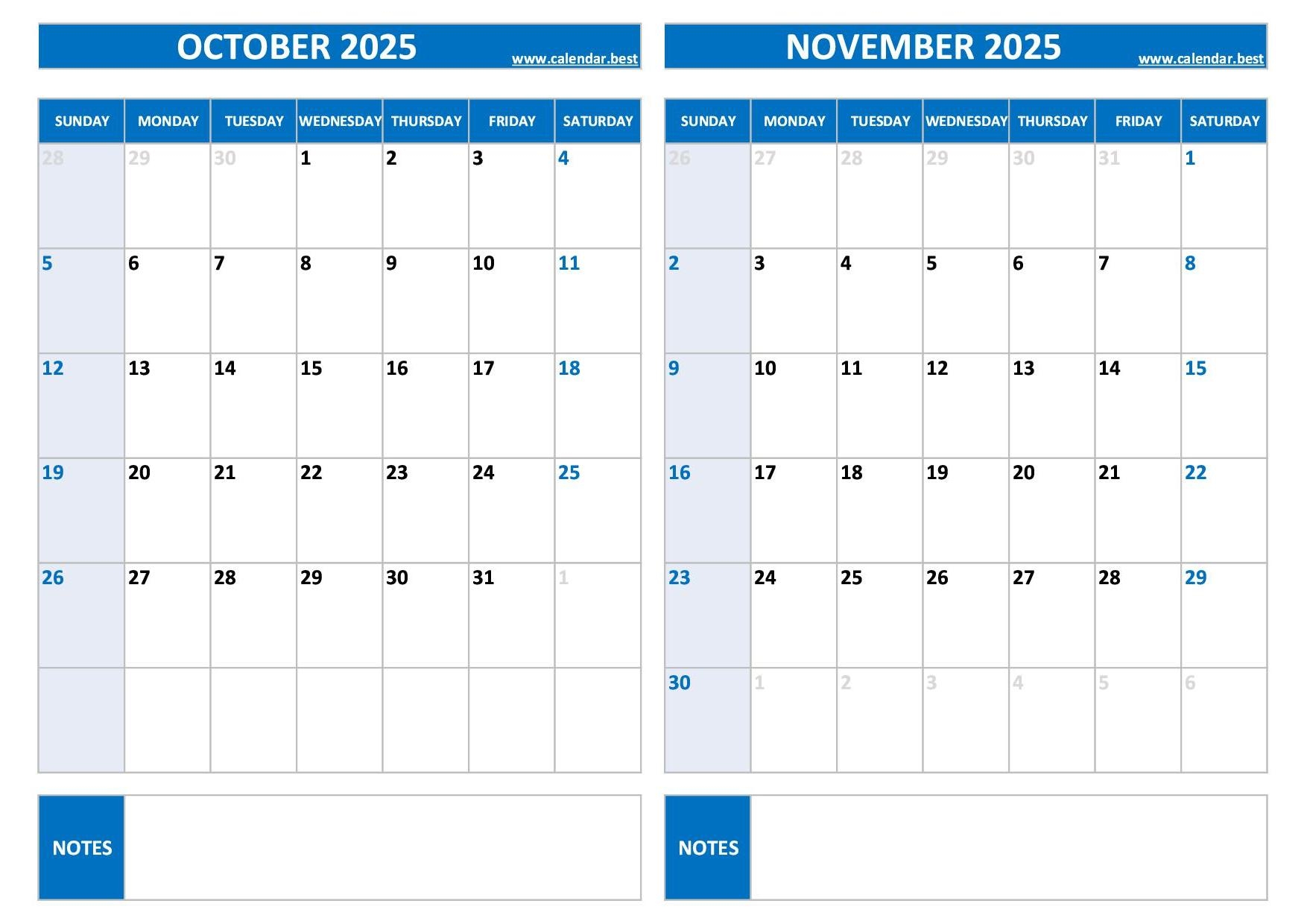 October And November Calendar Printable