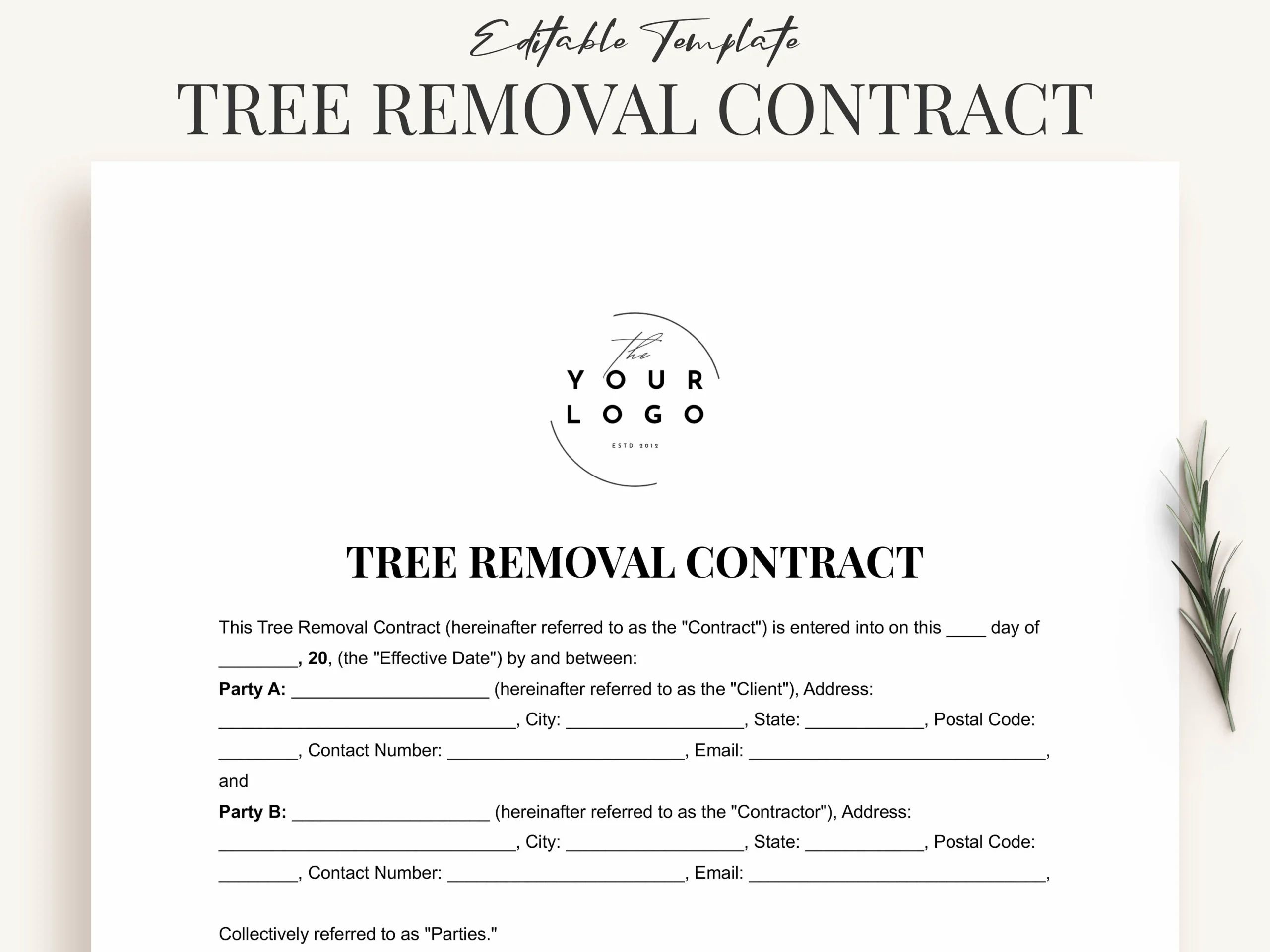 Printable Tree Removal Contract Template Word Customizable PDF 