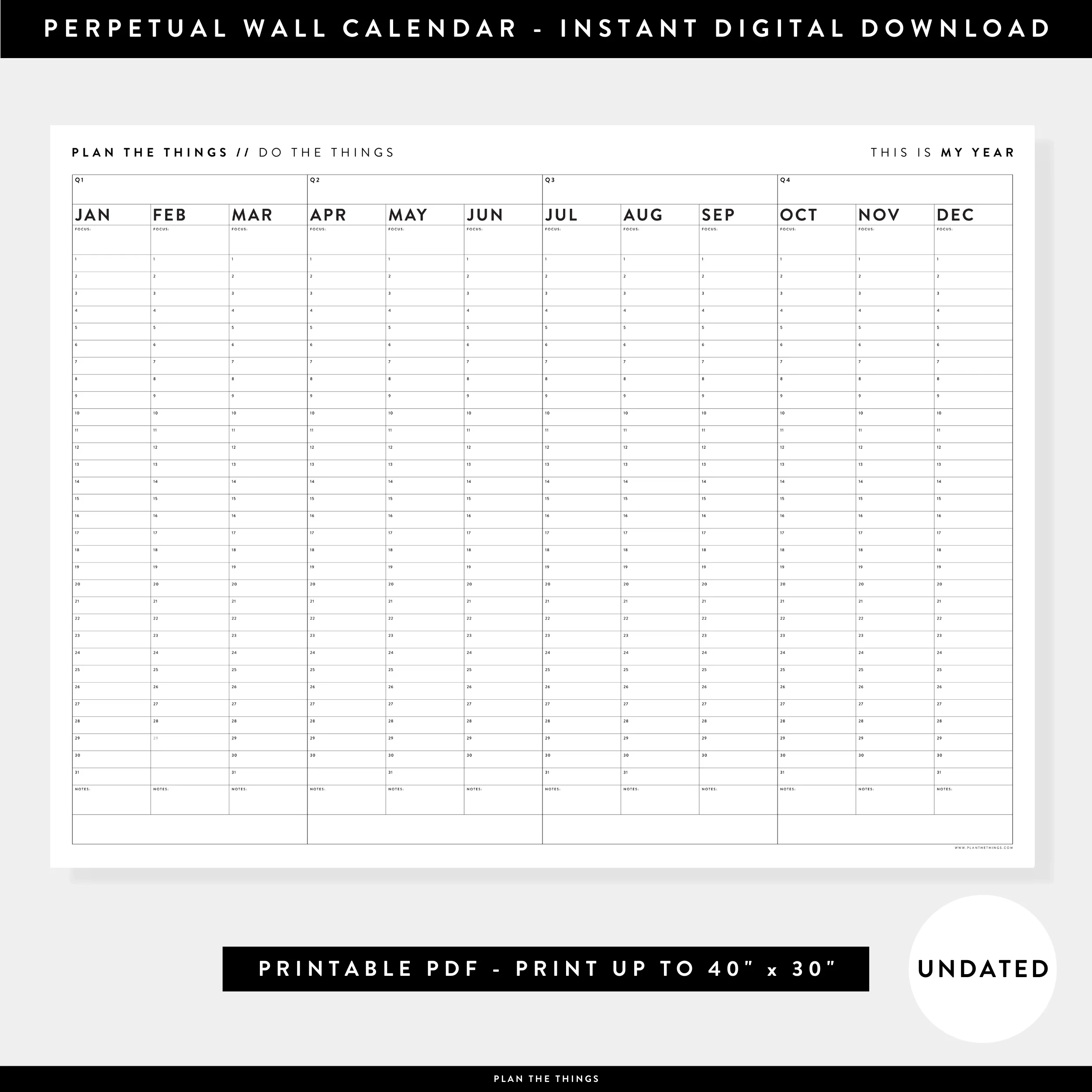 PRINTABLE UNDATED PERPETUAL ANNUAL QUARTERLY PLANNING WALL 