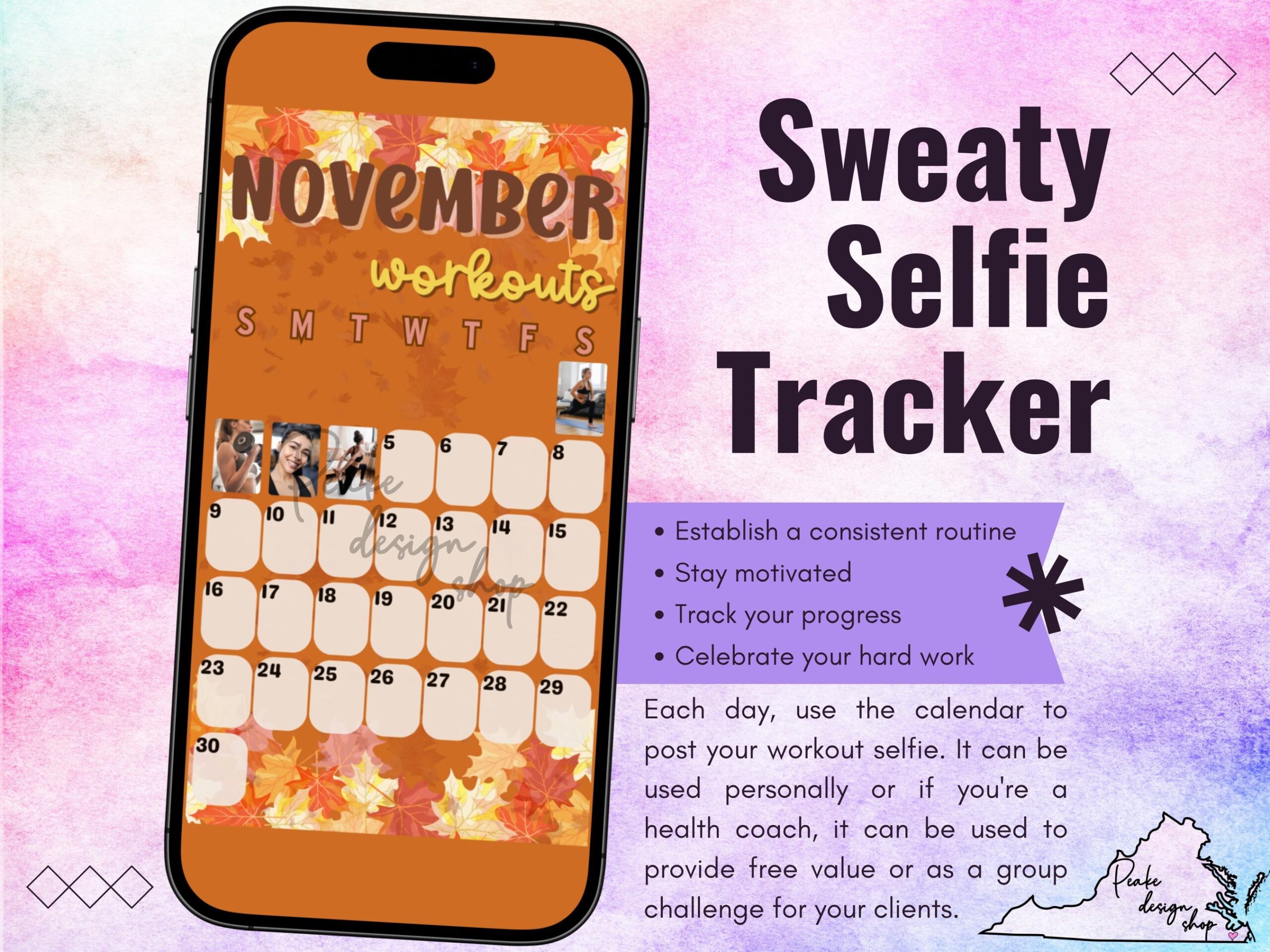 Selfie Workout Calendar Etsy