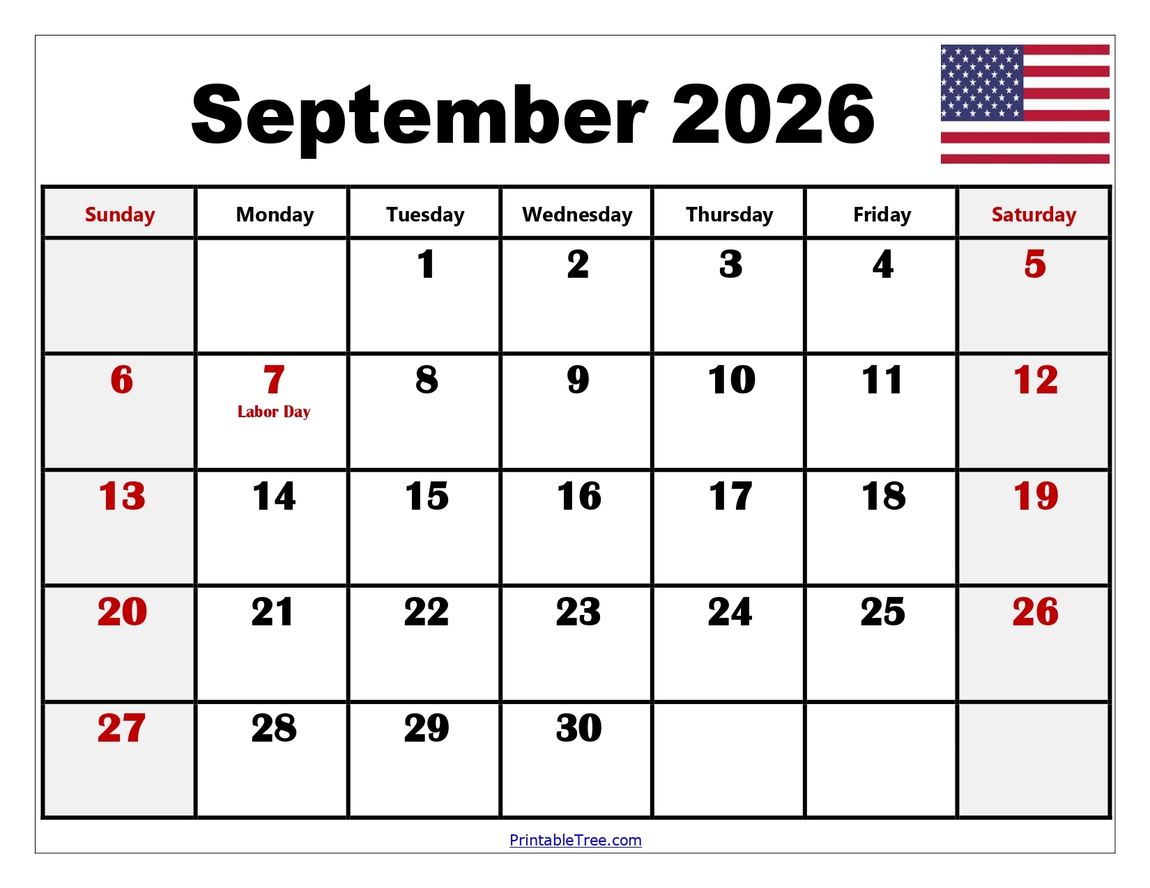 Blank September Calendar 2026 Printable