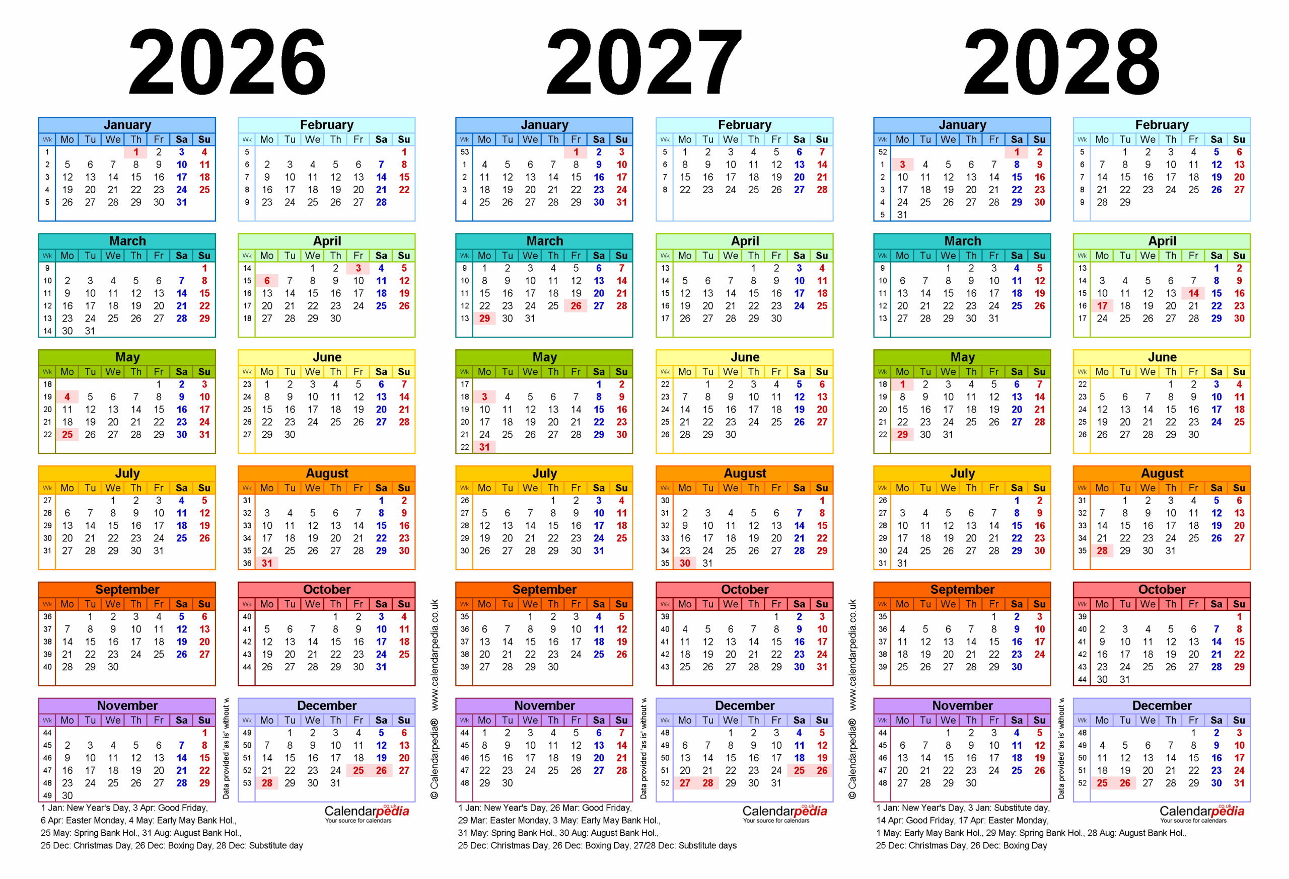 Three Year Calendars For 2026 2027 And 2028 UK For PDF