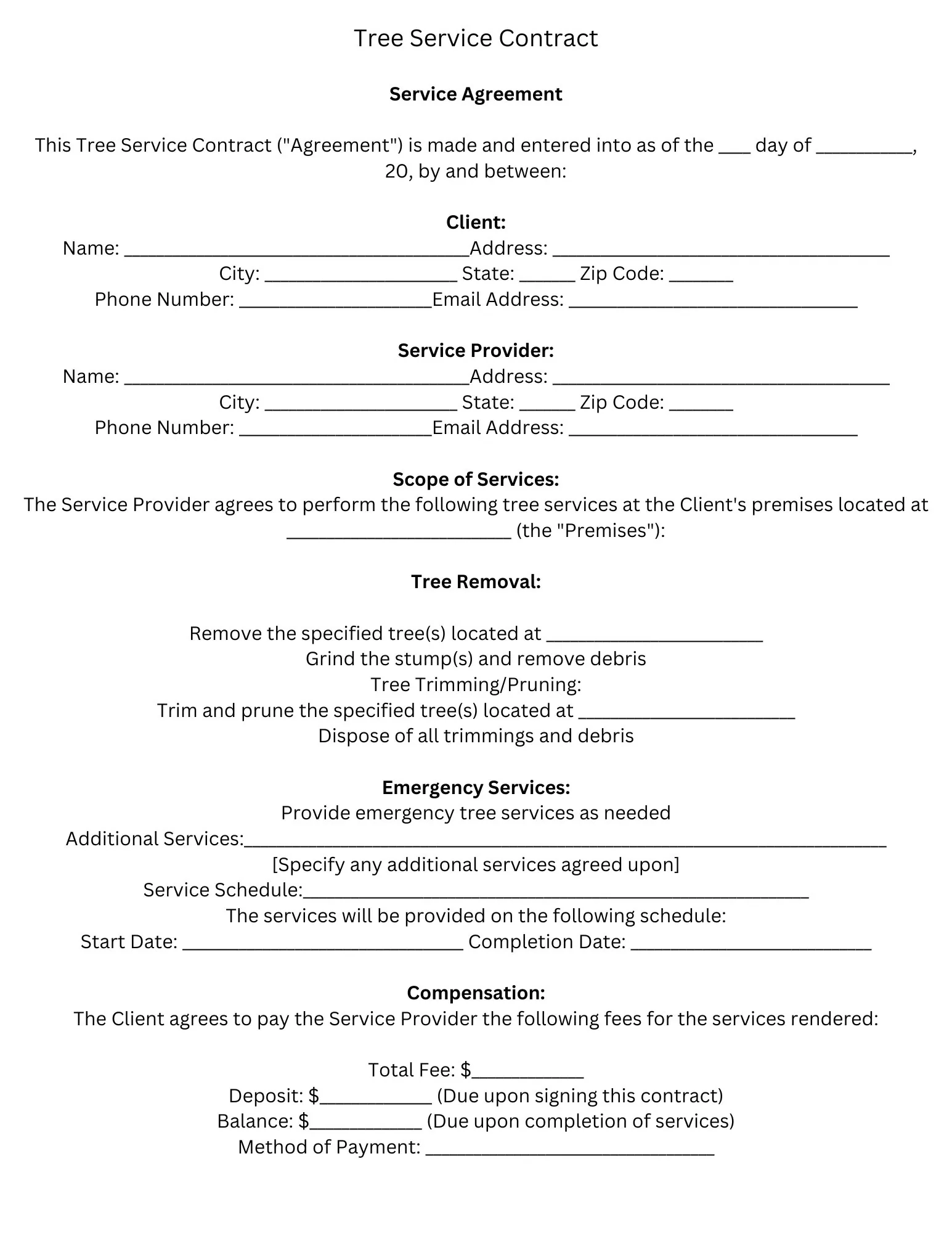 Printable Tree Removal Contract Template