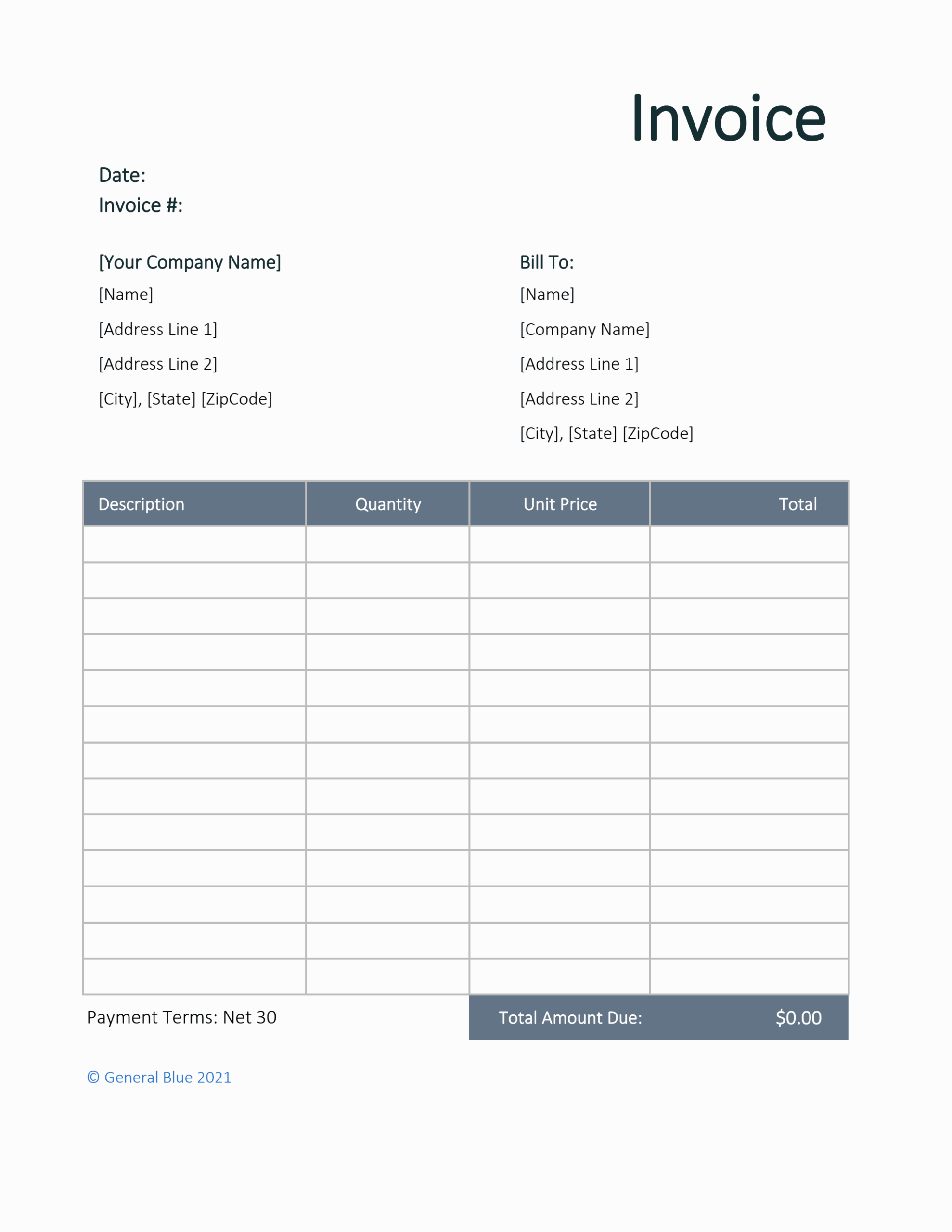 U S Invoice Template In Excel Portrait 
