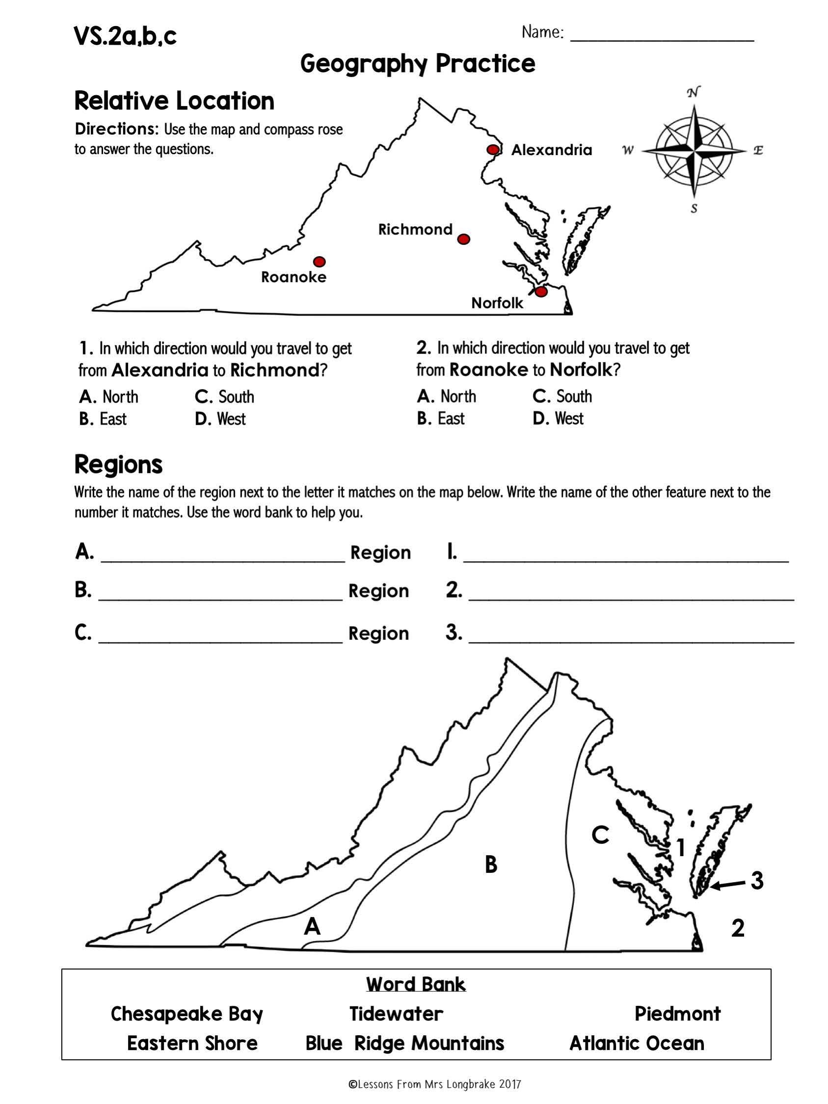 Free Printable 5 Regions Of Virginia Worksheet
