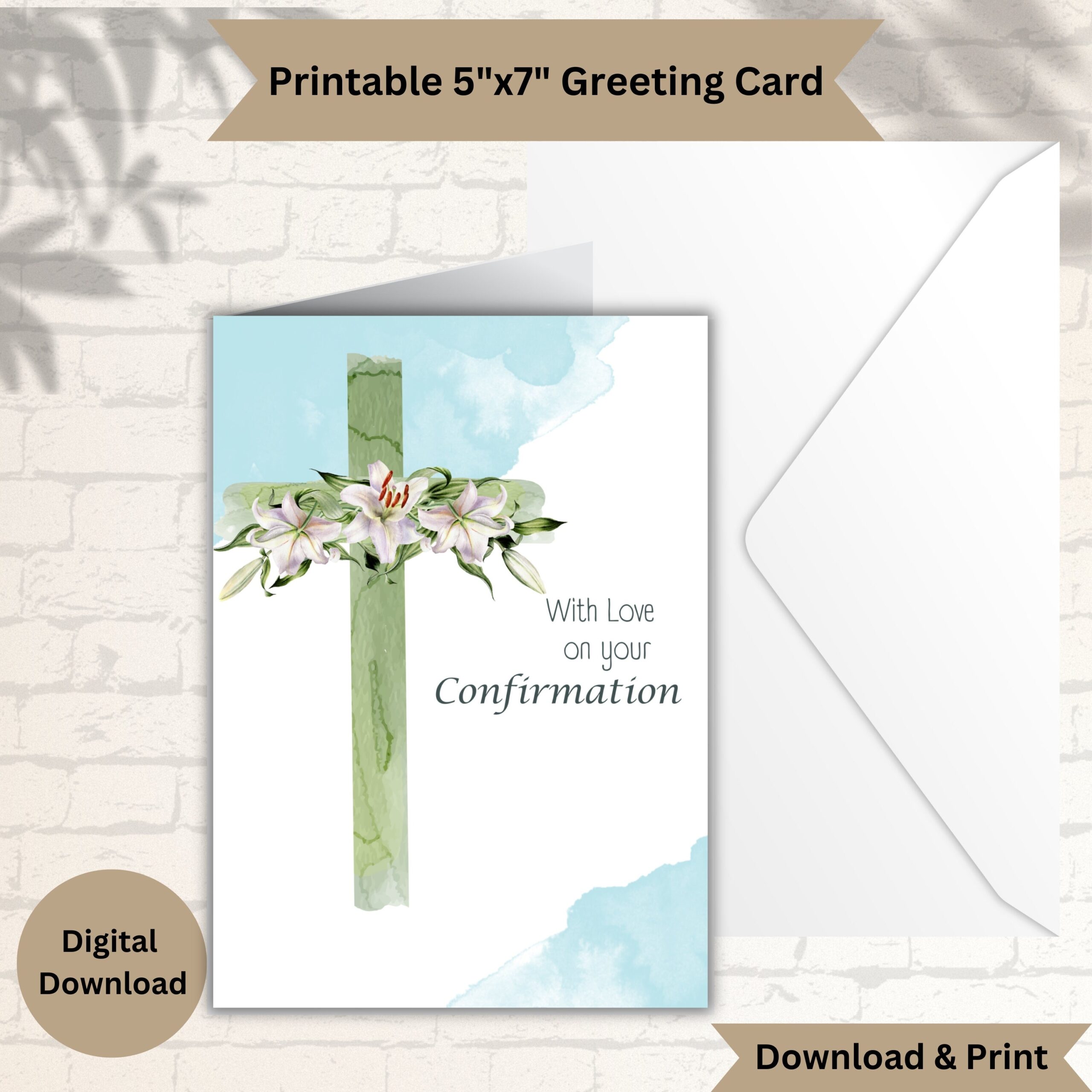 Watercolor Cross Confirmation Card Sage Green Lilies PDF Etsy