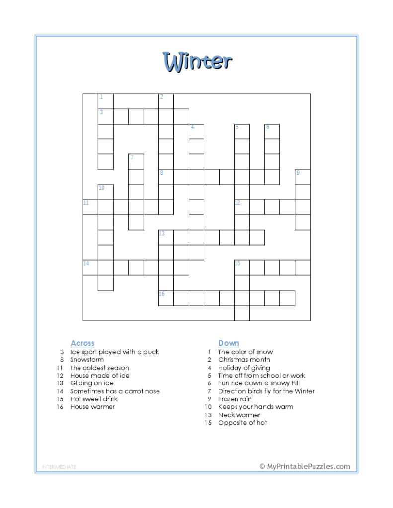Intermediate Printable Crossword Puzzles
