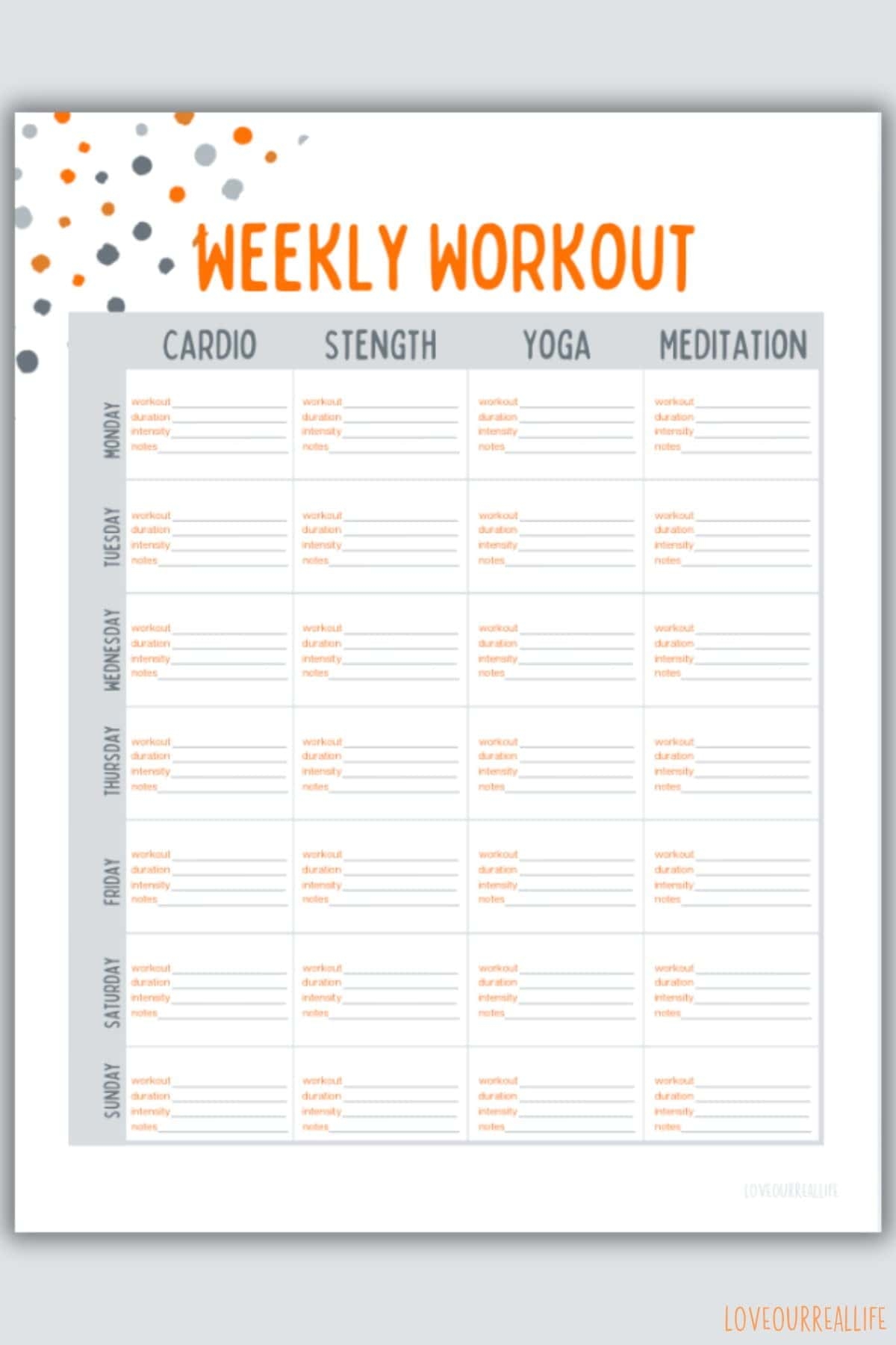 Printable Blank Workout Calendar